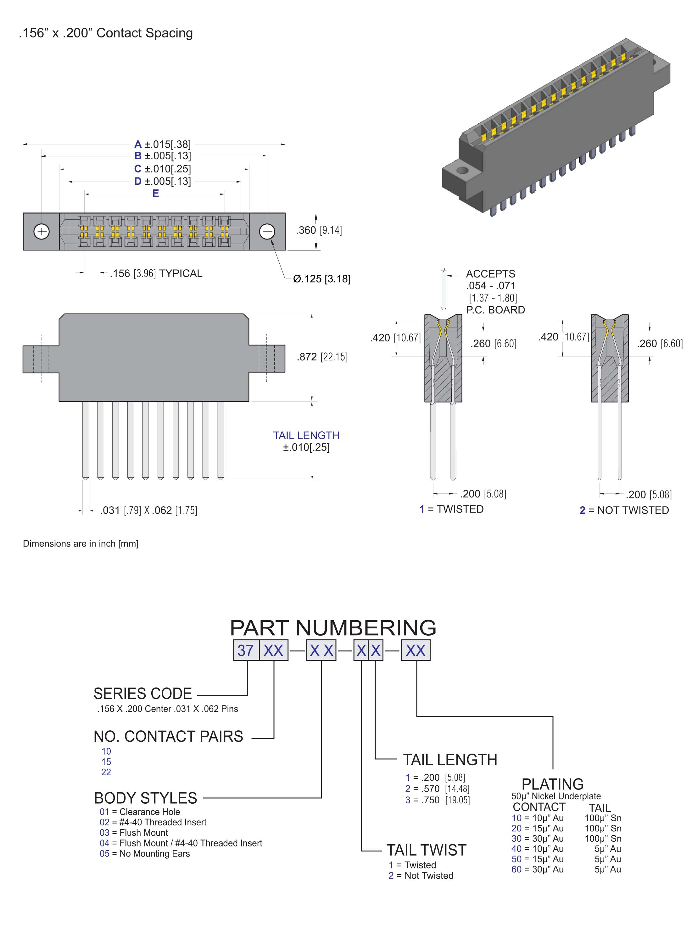 ECS 3700 Series Card Edge Connector .156" X .200" Contact Spacing, .031" X .062" Pin
