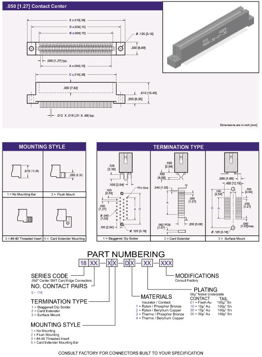 1800 Series Card Edge Connectors .050[1.27] Contact Centers 
