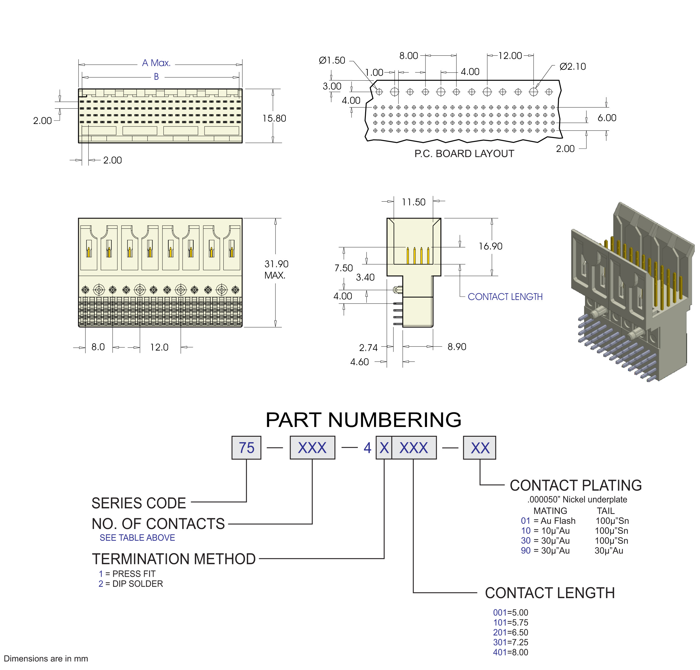 ECS 2mm 7300 Series 4 Row Right Angle Female Power Futurebus Connector