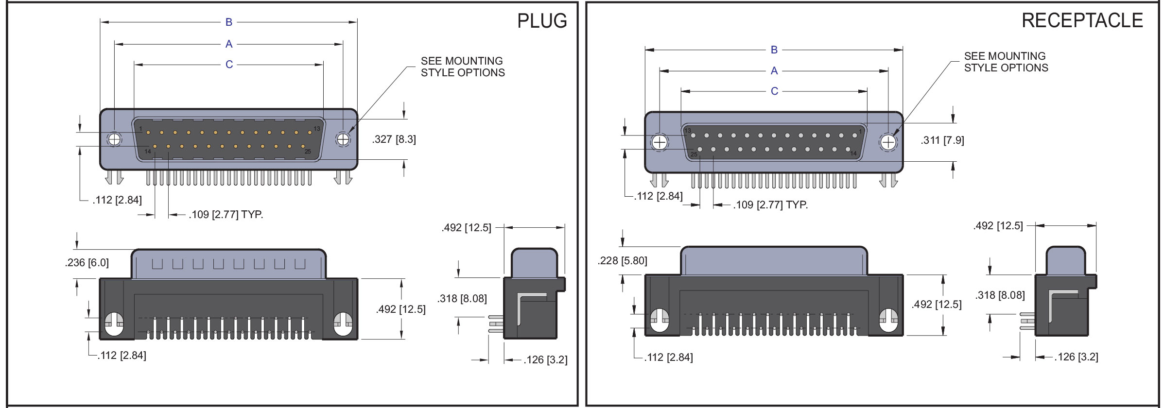 D Subminiature 318 Right Angle PCB Mount