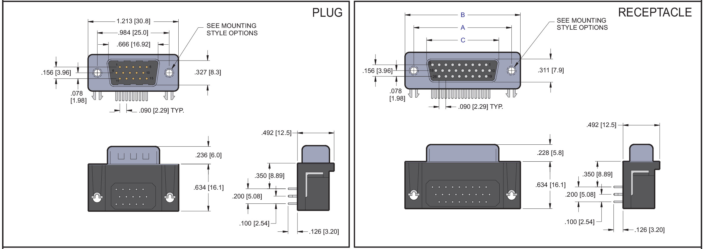 D Subminiature 350 Right Angle High Density EMI Filter
