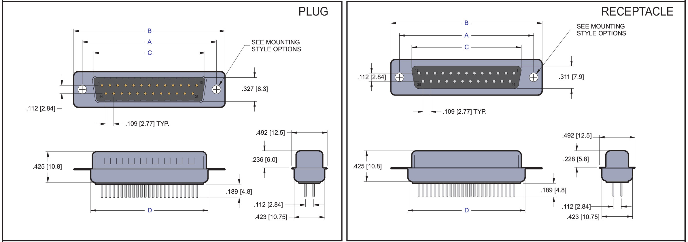 D Subminiature Straight High Profile Dip Solder Connector