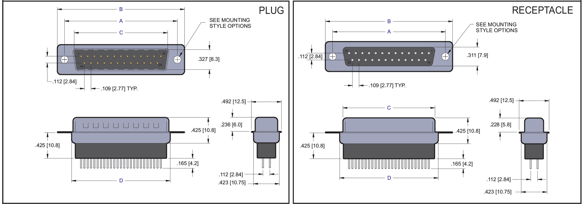 D Subminiature Straight High Profile Dip Solder Connector