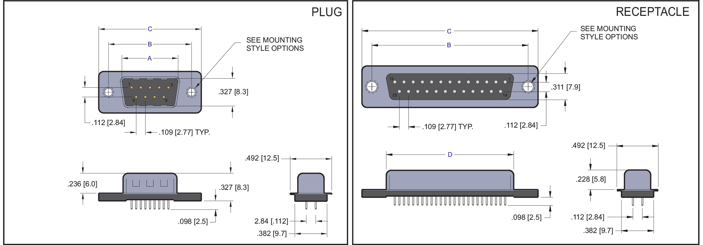 D Subminiature Straight Low Profile Dip Solder Connector
