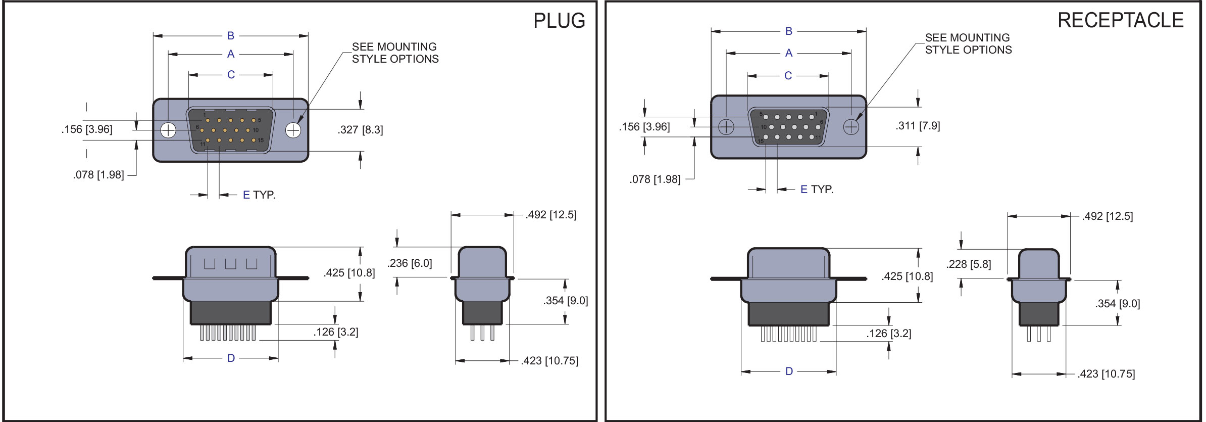 D Subminiature High Density Straight Dip Solder Connector
