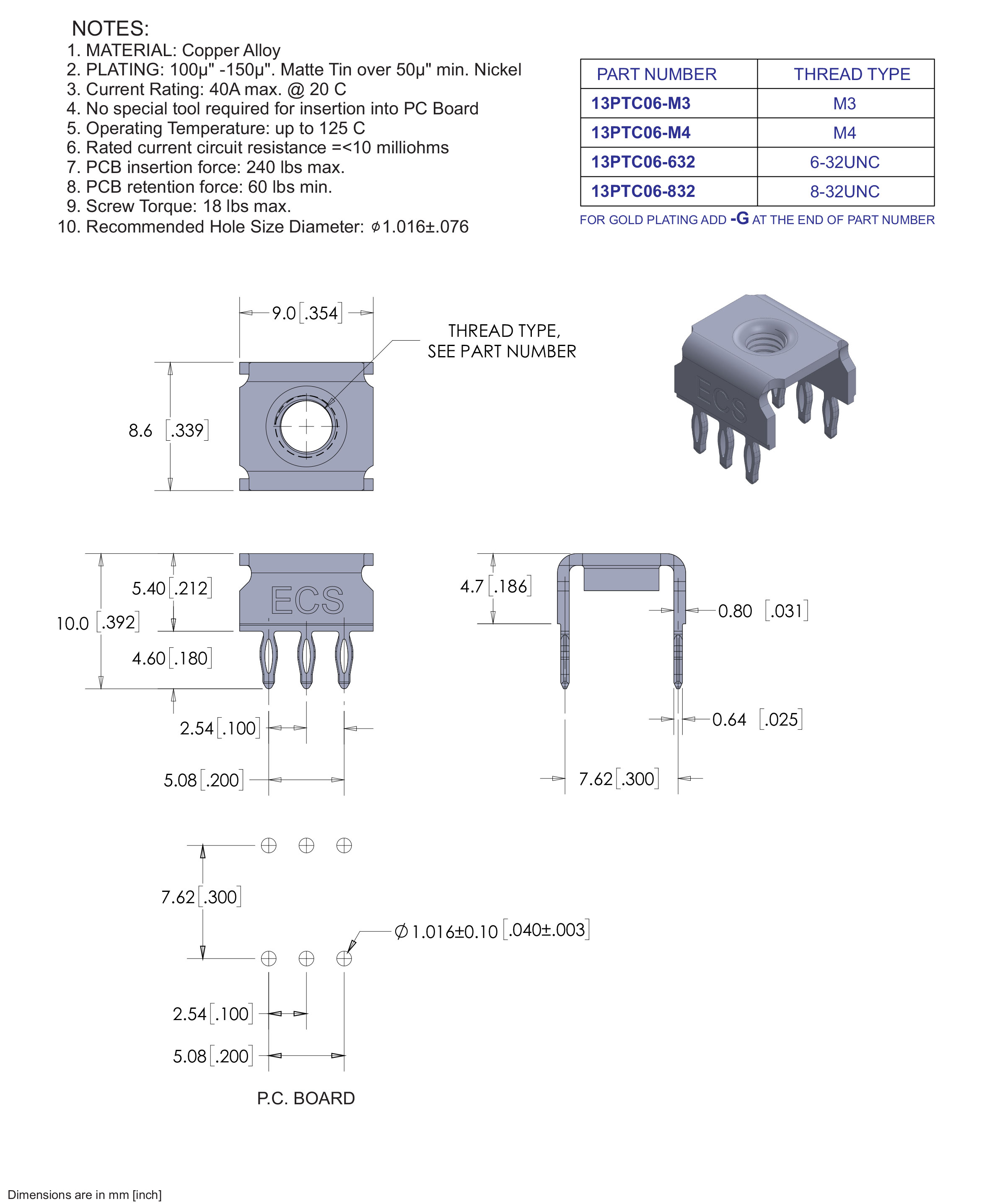 ECS 2500 Series Card Edge Connectors, High Profile SLC 96 .125" x .125" Contact Spacing, Press Fit