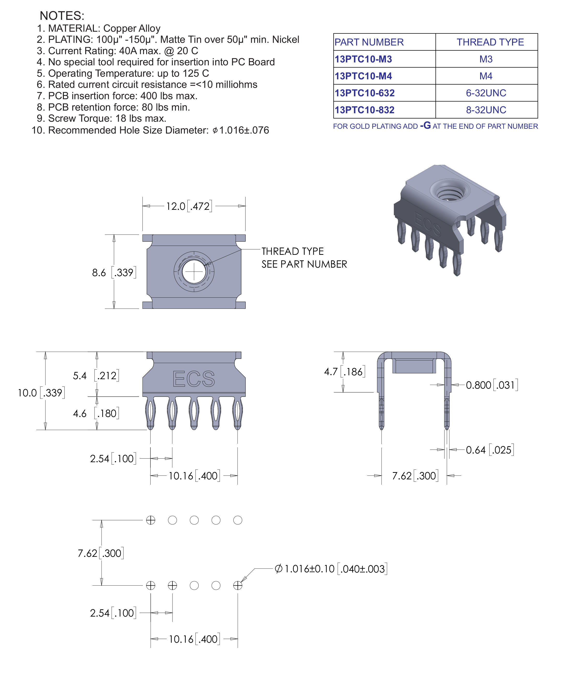 ECS 2500 Series Card Edge Connectors, High Profile SLC 96 .125" x .125" Contact Spacing, Press Fit