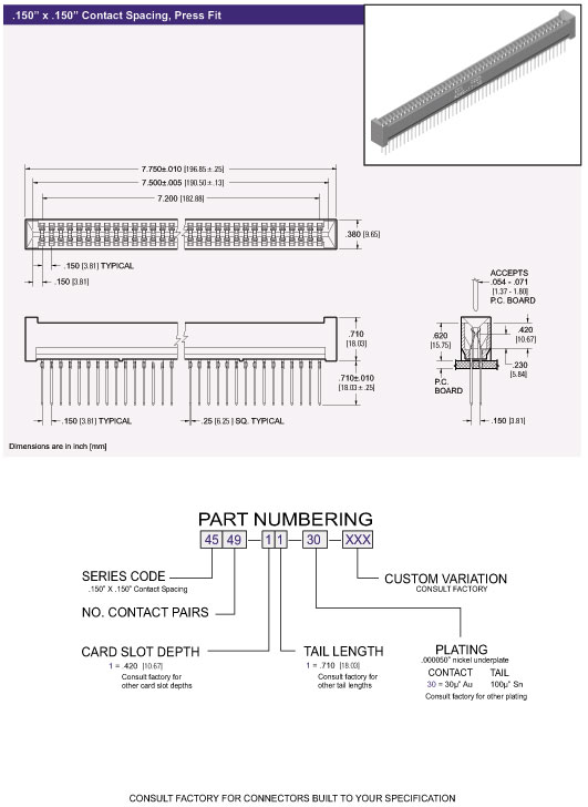 ECS 4500 Series Card Edge Connectors .150" x .150" Contact Spacing, Press Fit