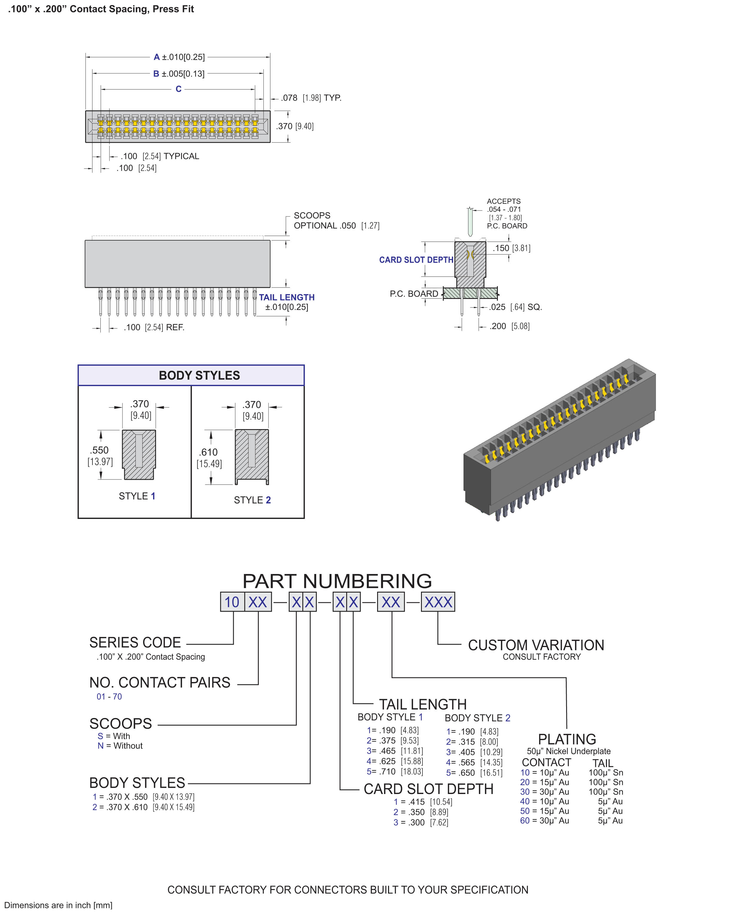 ECS 1000 Series Card Edge Connectors .100" x .200" Contact Spacing, Press Fit