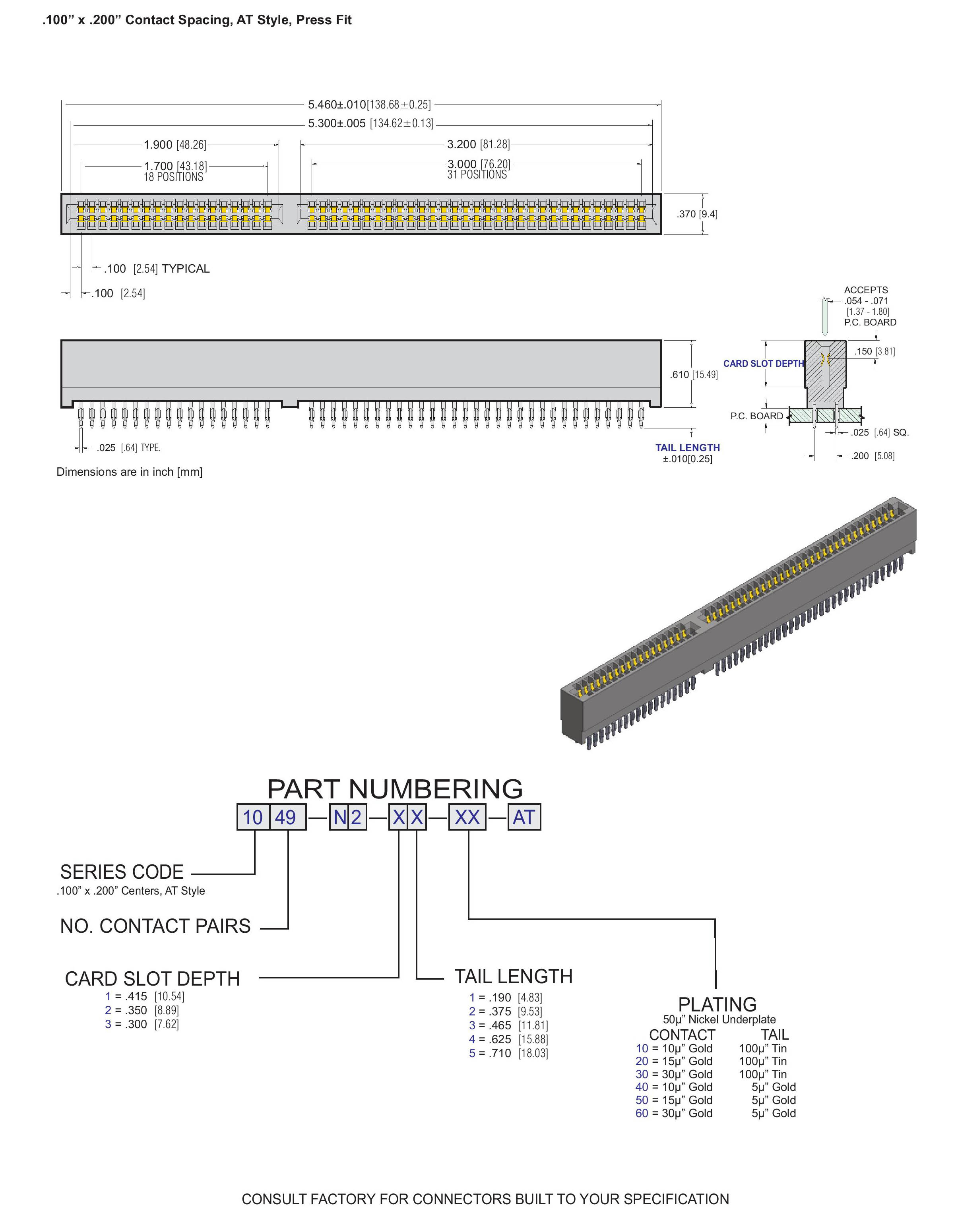 ECS 1000 Series Card Edge Connectors, AT Style .100" x .200" Contact Spacing, Press Fit