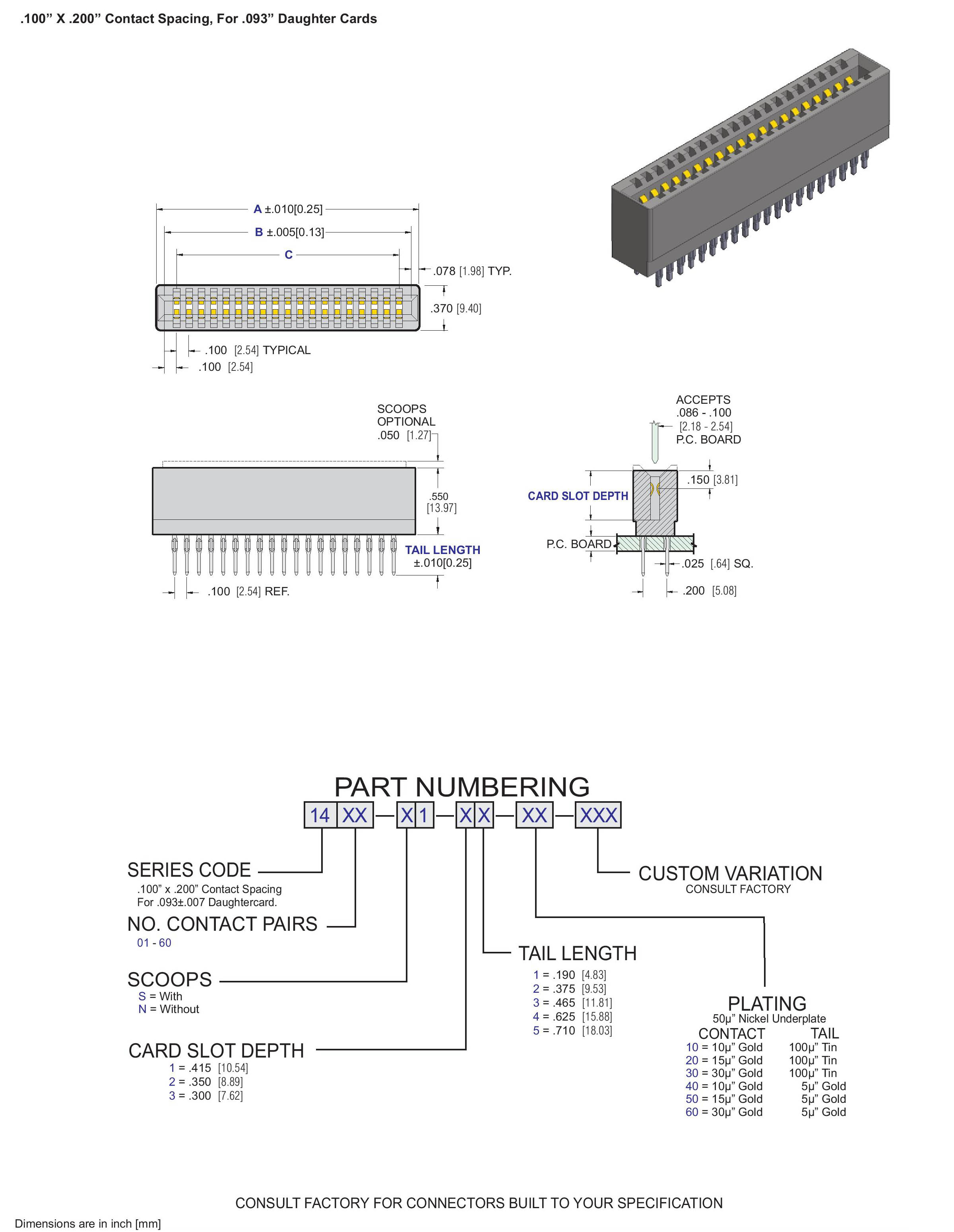 ECS 1400 Series Card Edge Connectors .100" x .200" Contact Spacing, For .093" Daughter Cards