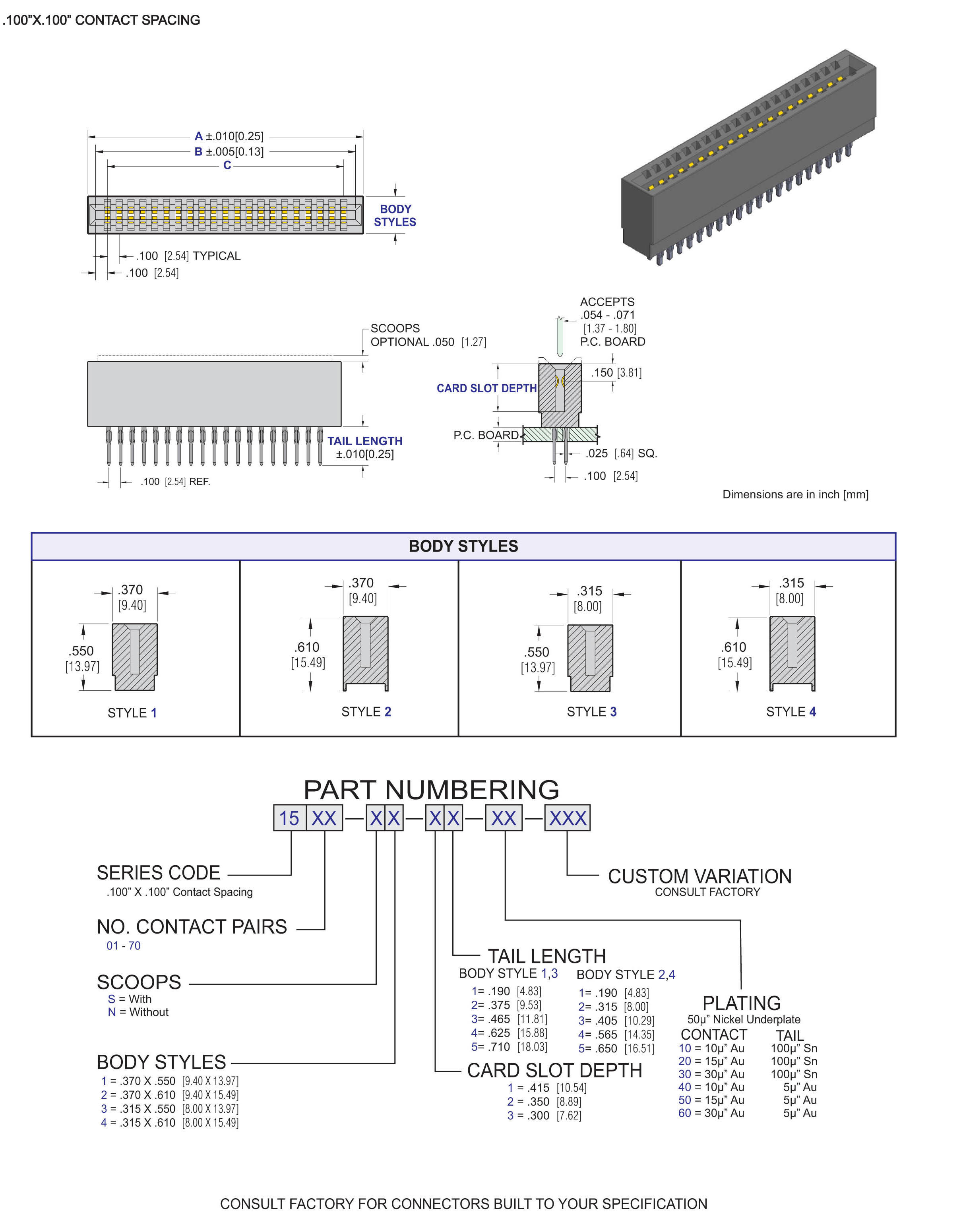 ECS 1400 Series Card Edge Connectors .100" x .200" Contact Spacing, For .093" Daughter Cards