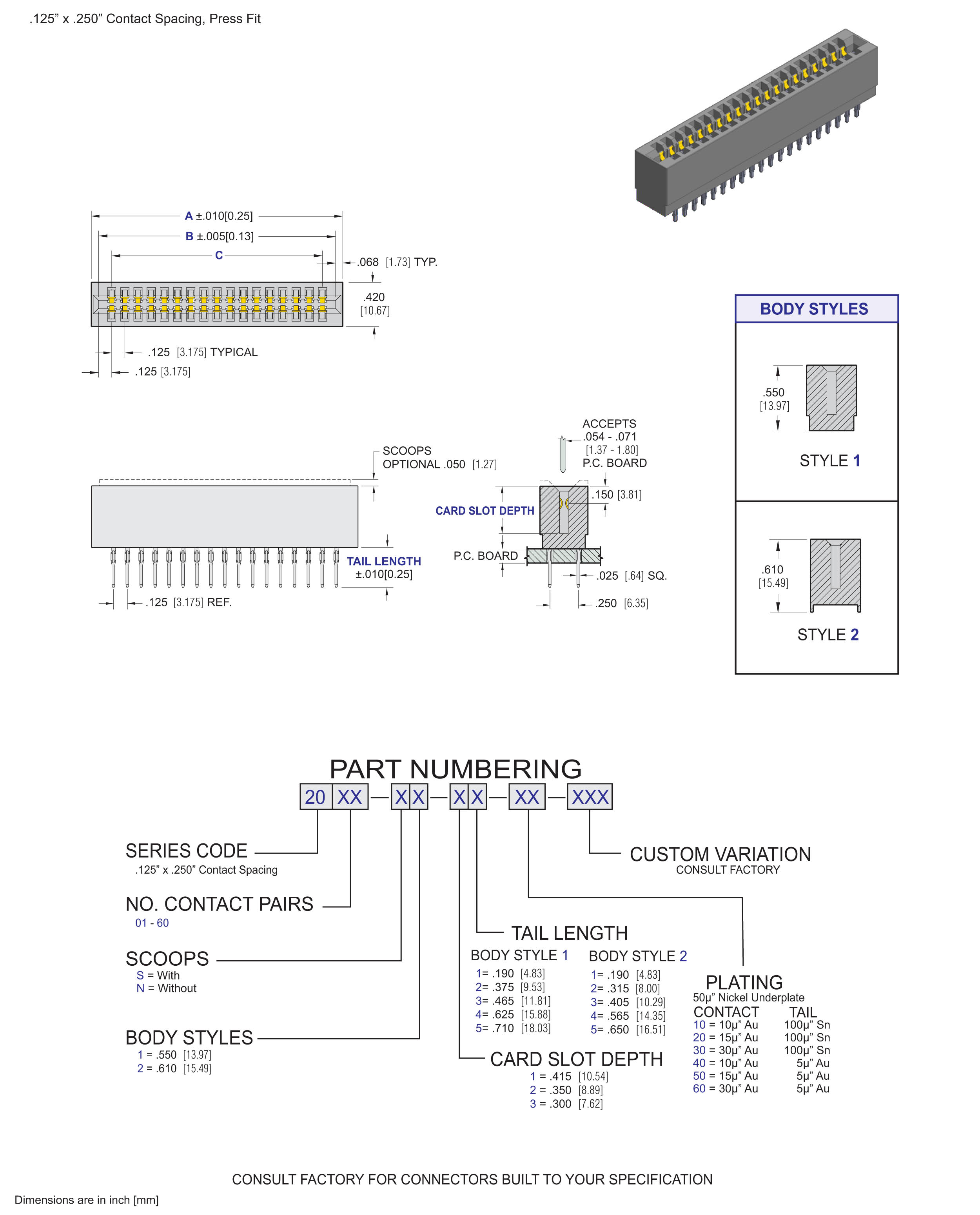 ECS 2000 Series Card Edge Connectors .125" x .250" Contact Spacing, Press Fit