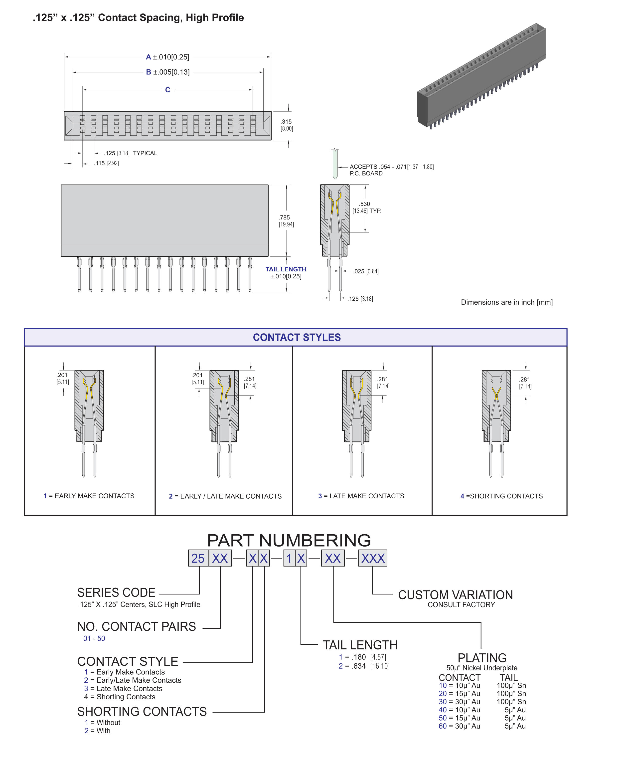 ECS 2500 Series Card Edge Connectors, High Profile SLC 96 .125" x .125" Contact Spacing, Press Fit