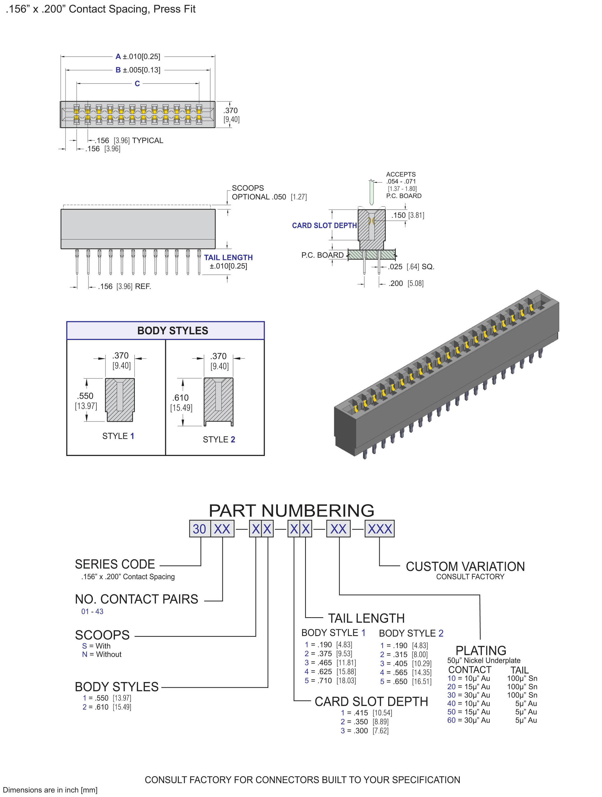ECS 3000 Series Card Edge Connectors .156" x .200" Contact Spacing, Press Fit