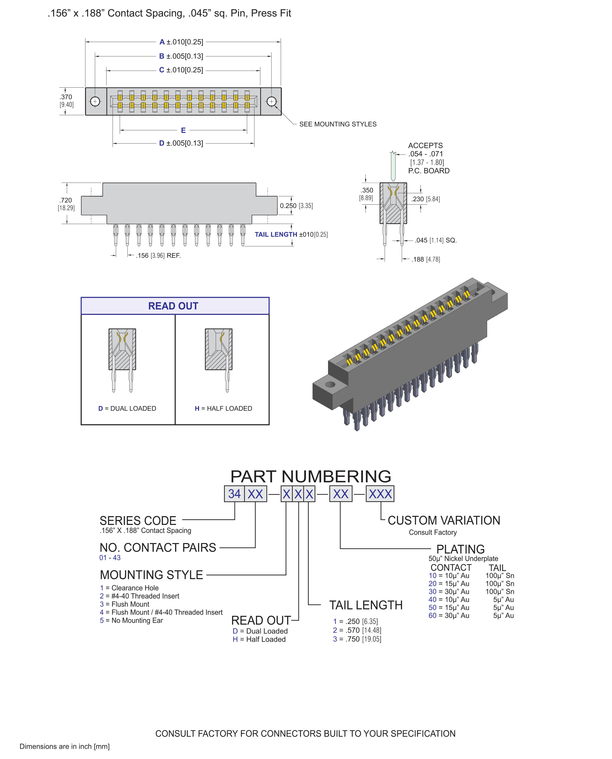 ECS 3400 Series Card Edge Connectors .156" x .188" Contact Spacing, .045 sq. Pin, Press Fit