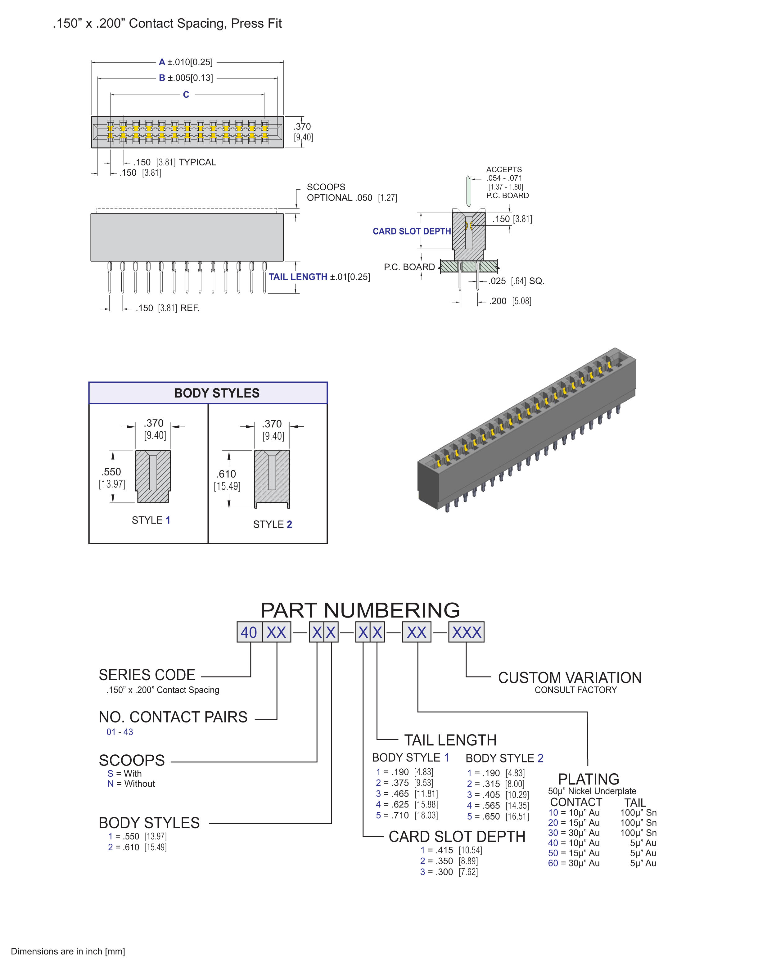 ECS 4000 Series Card Edge Connectors .150" x .200" Contact Spacing, Press Fit