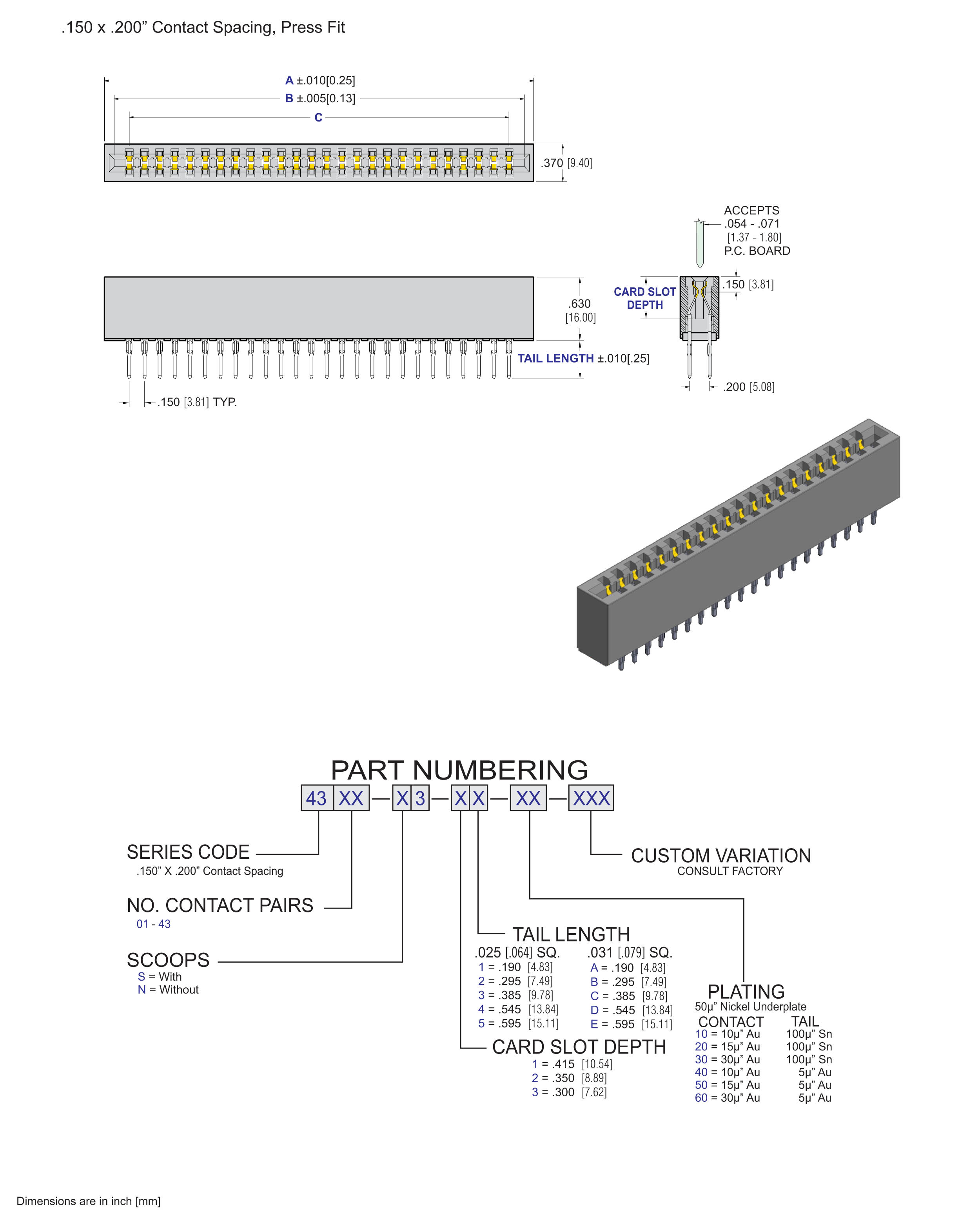ECS 4300 Series Card Edge Connectors .150" x .200" Contact Spacing, Press Fit