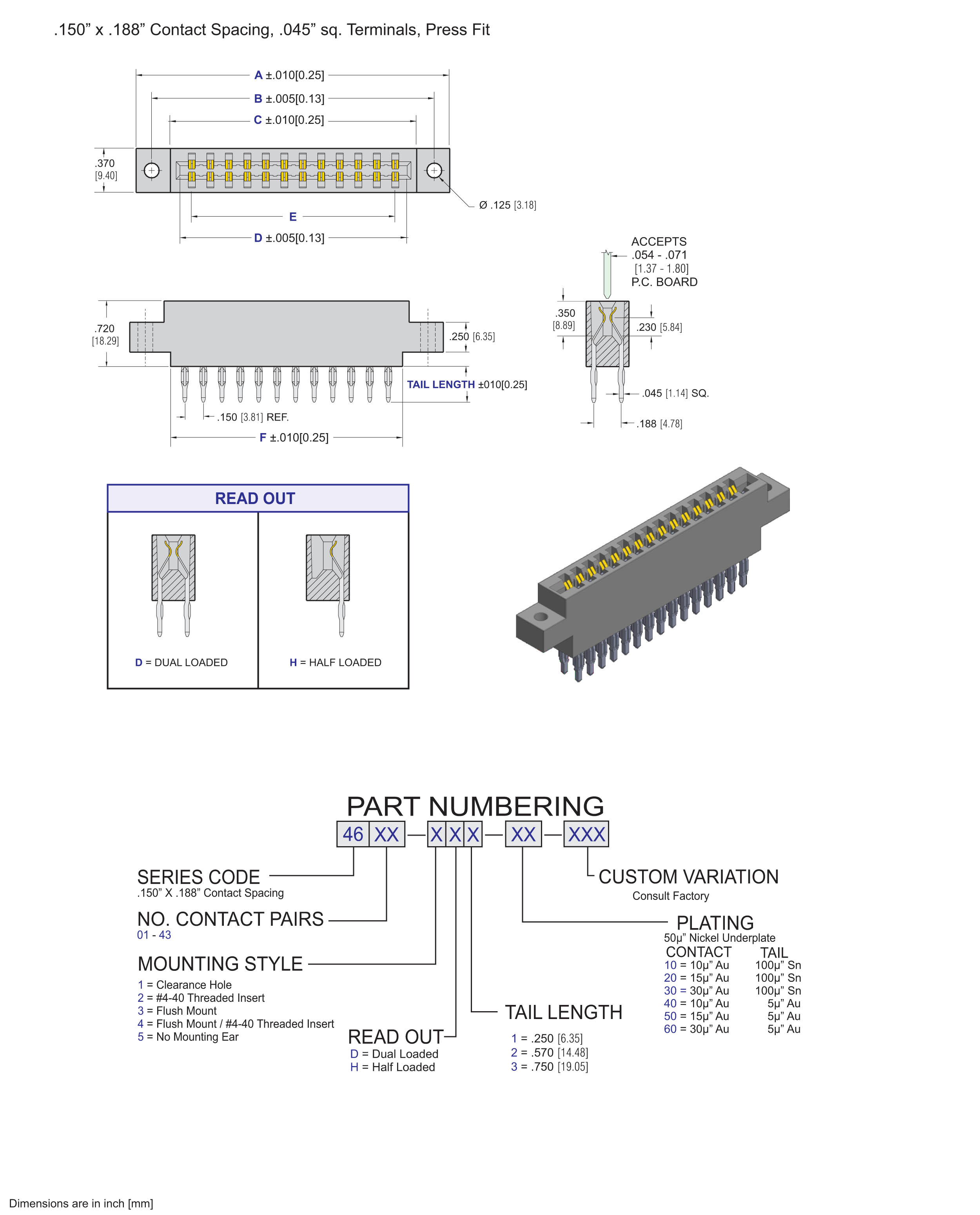 ECS 4600 Series Card Edge Connectors .150" x .188" Contact Spacing, .045 sq. Pin, Press Fit