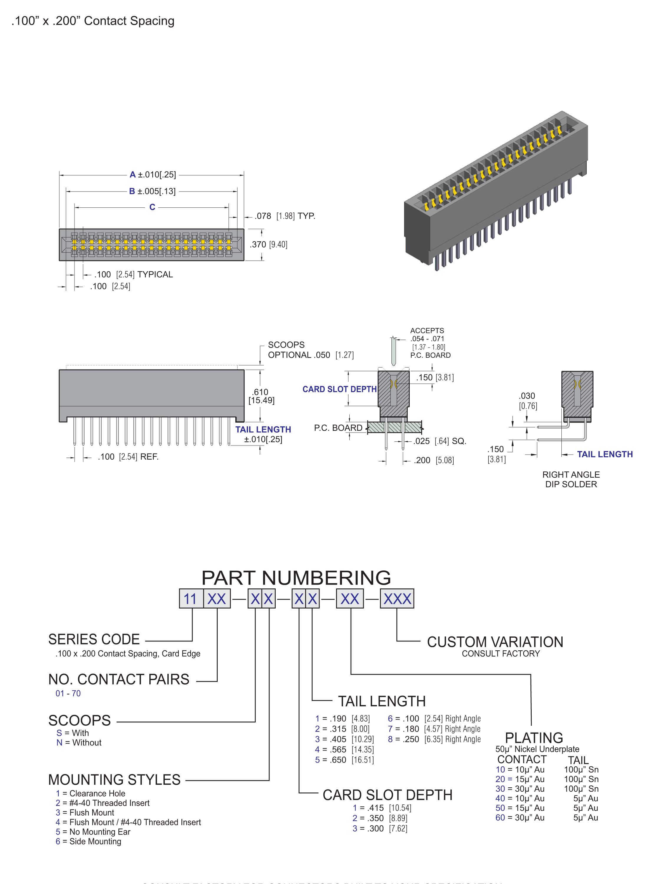 ECS 1100 Series, .100" x .200" Contact Spacing Centers Card Edge Connector