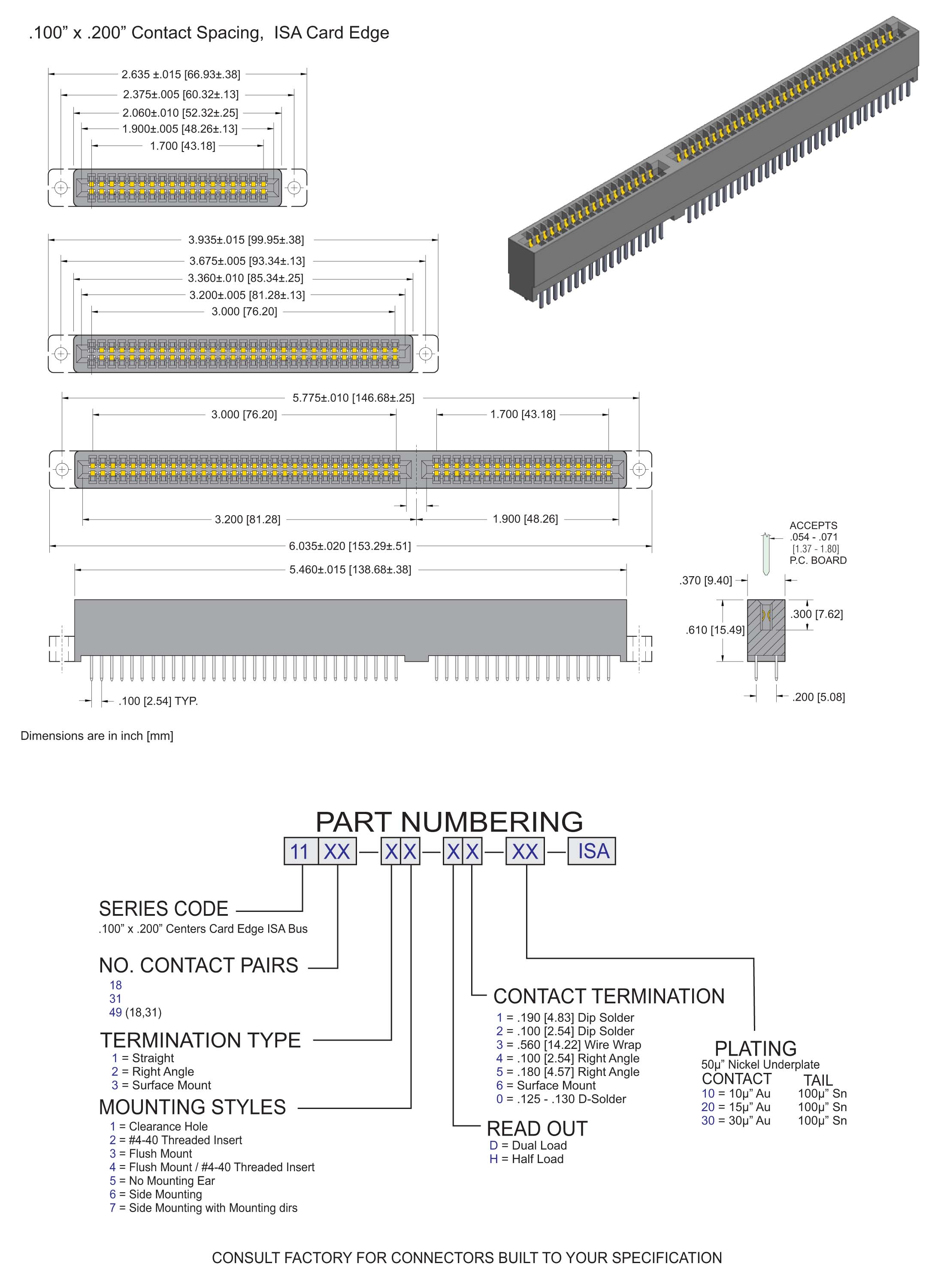 ECS 1100 Series Card Edge Connectors .100" x .200" Contact Spacing, ISA Bus