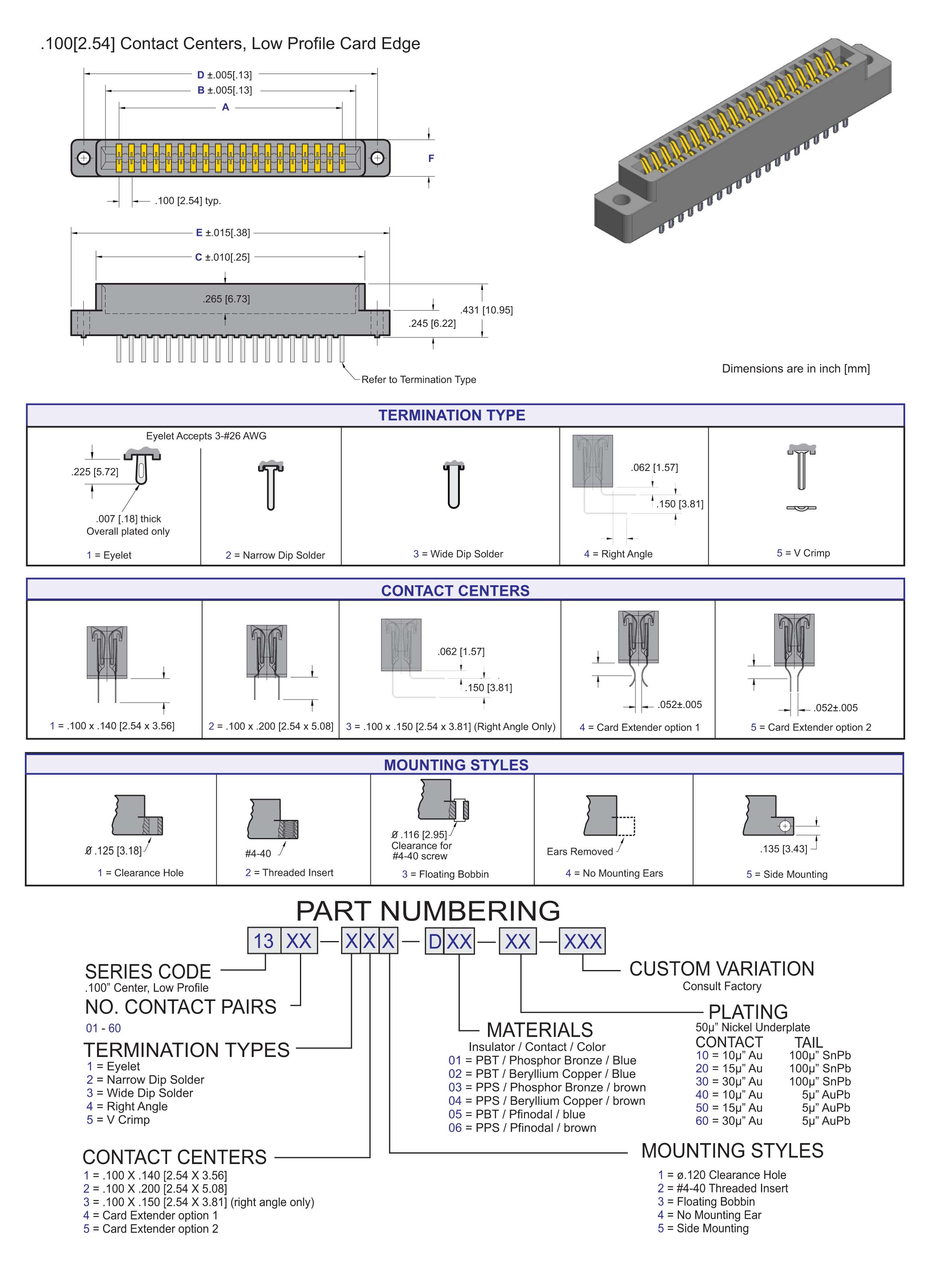 ECS 1300 Series Low Profile Card Edge Connector .100[2.54] Contact Centers