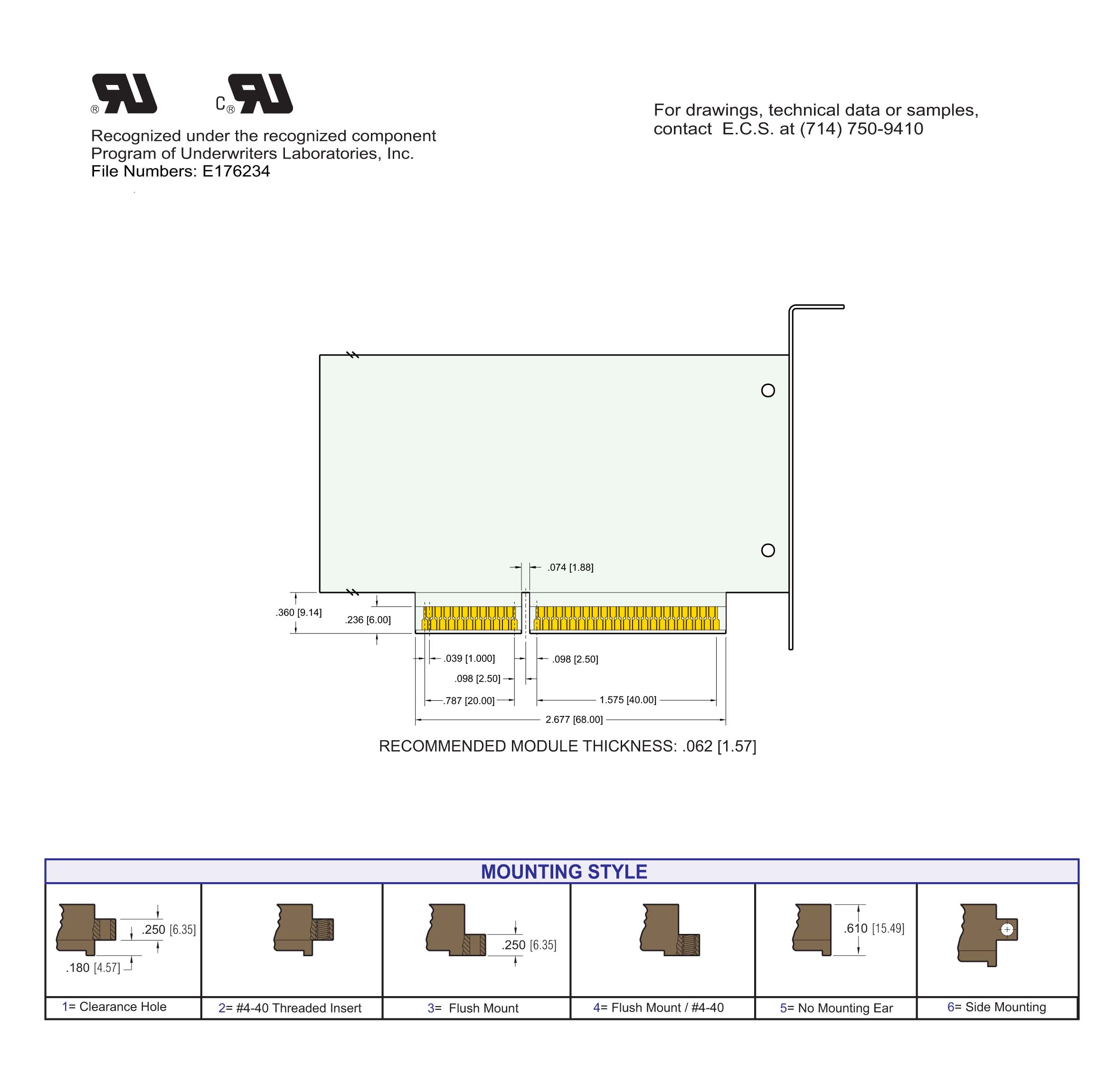 ECS 1000 Series Card Edge Connectors .100" x .200" Contact Spacing, Switching Contact