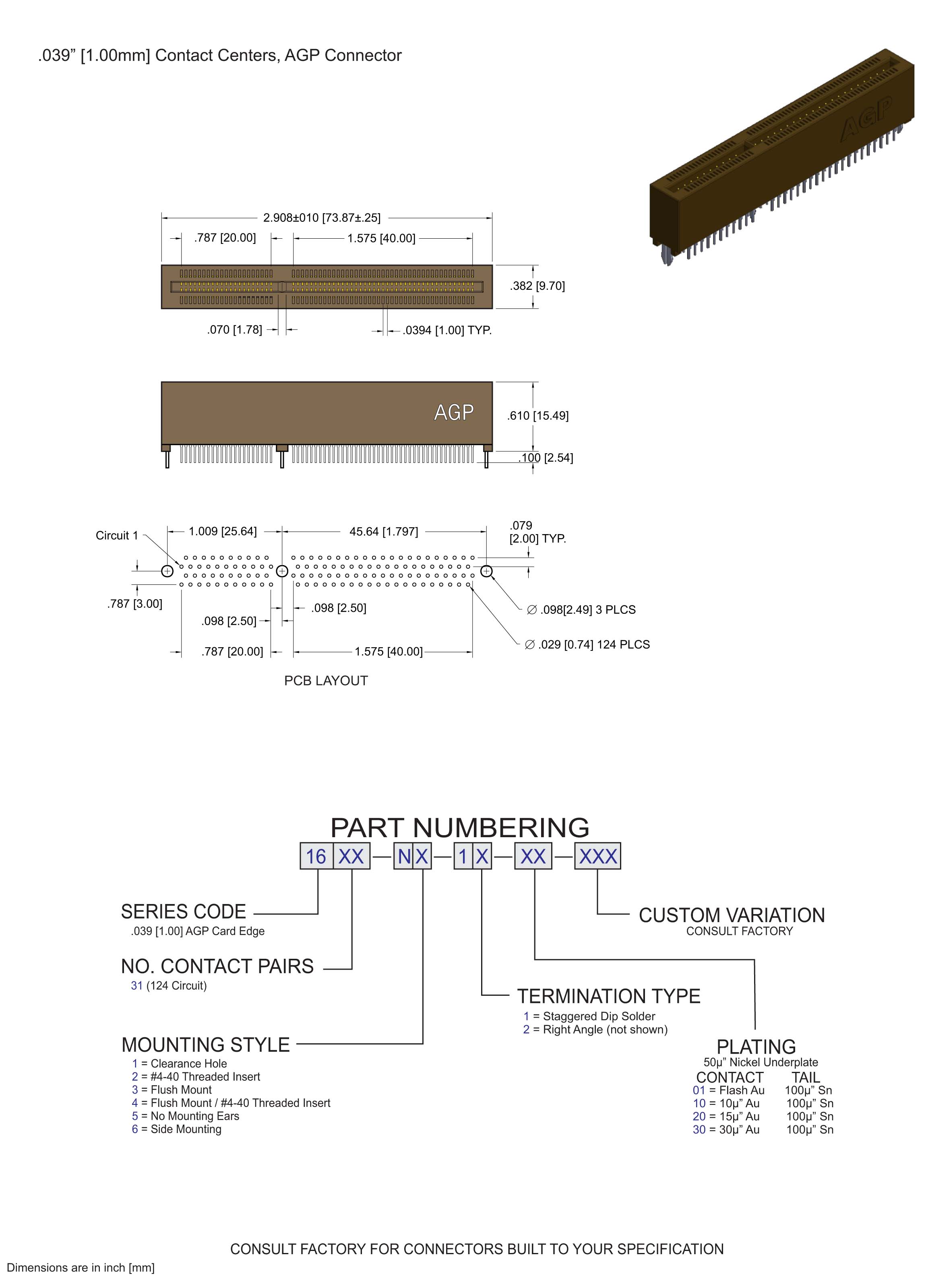 ECS 1600 Series AGP Card Edge Connectors .039[1.00] Contact Centers