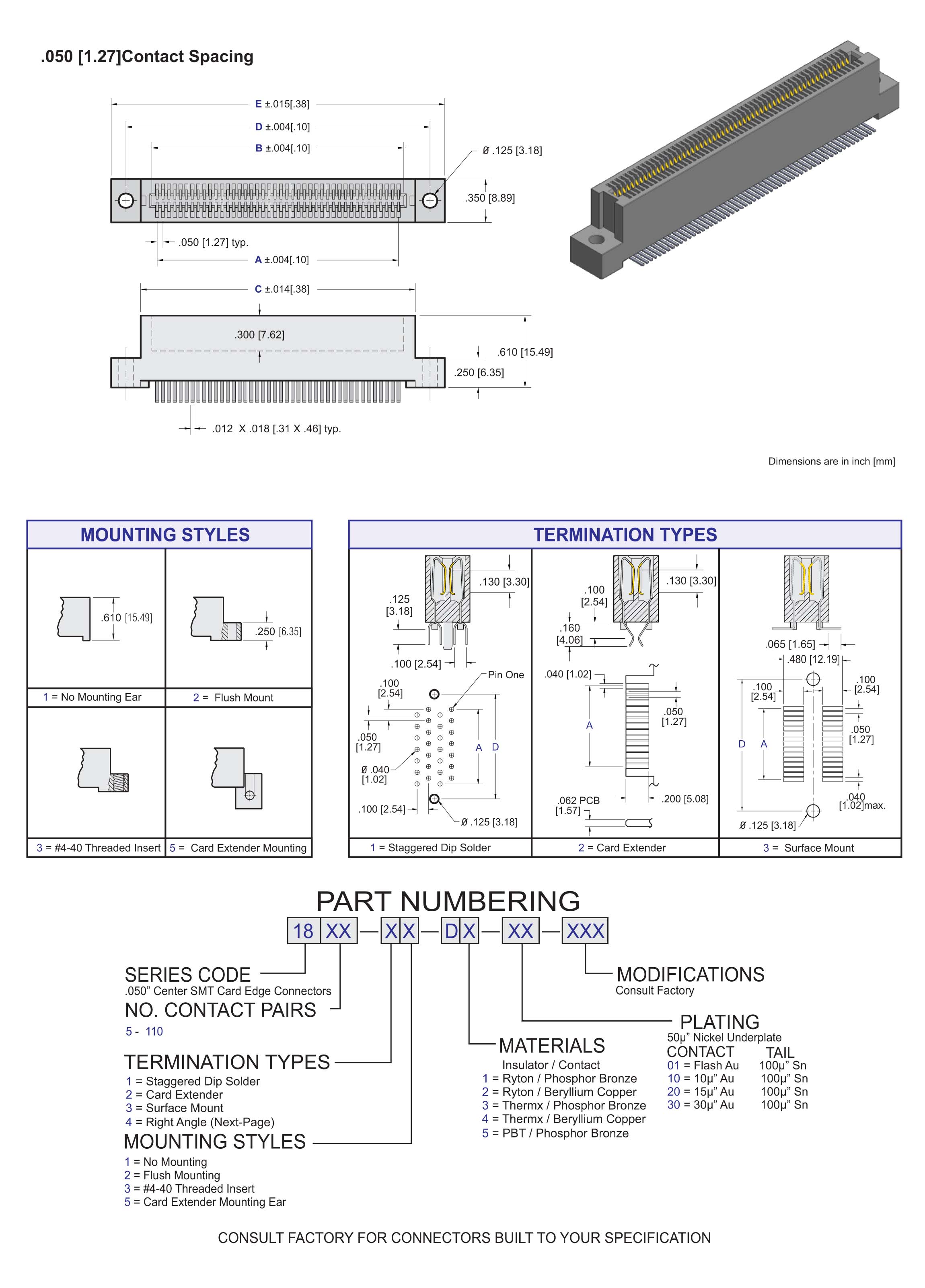 ECS 1800 Series Card Edge Connectors .050[1.27] Contact Centers
