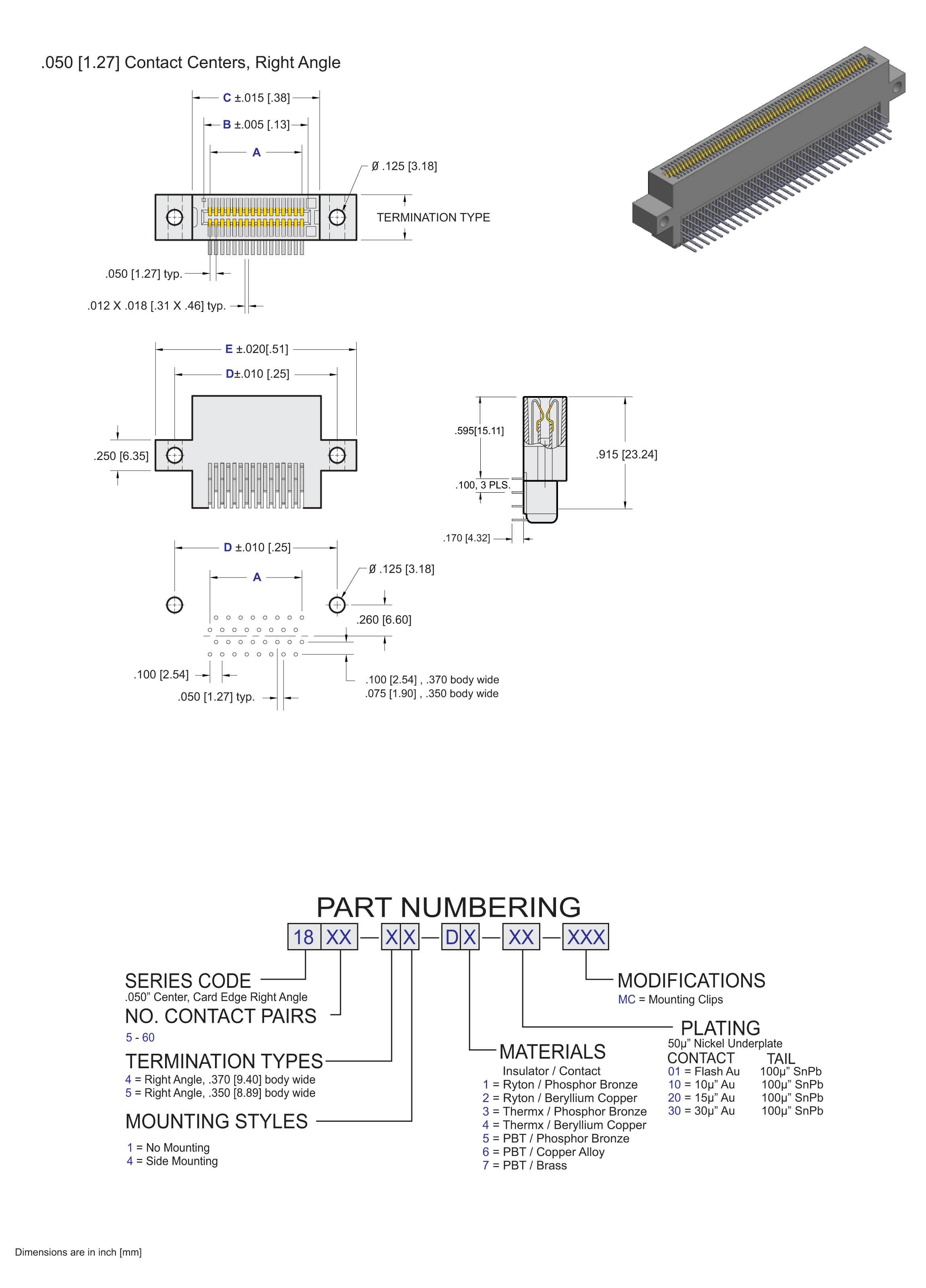 ECS 1800 Series Card Edge Connectors .050[1.27] Contact Centers, Right Angle Termination