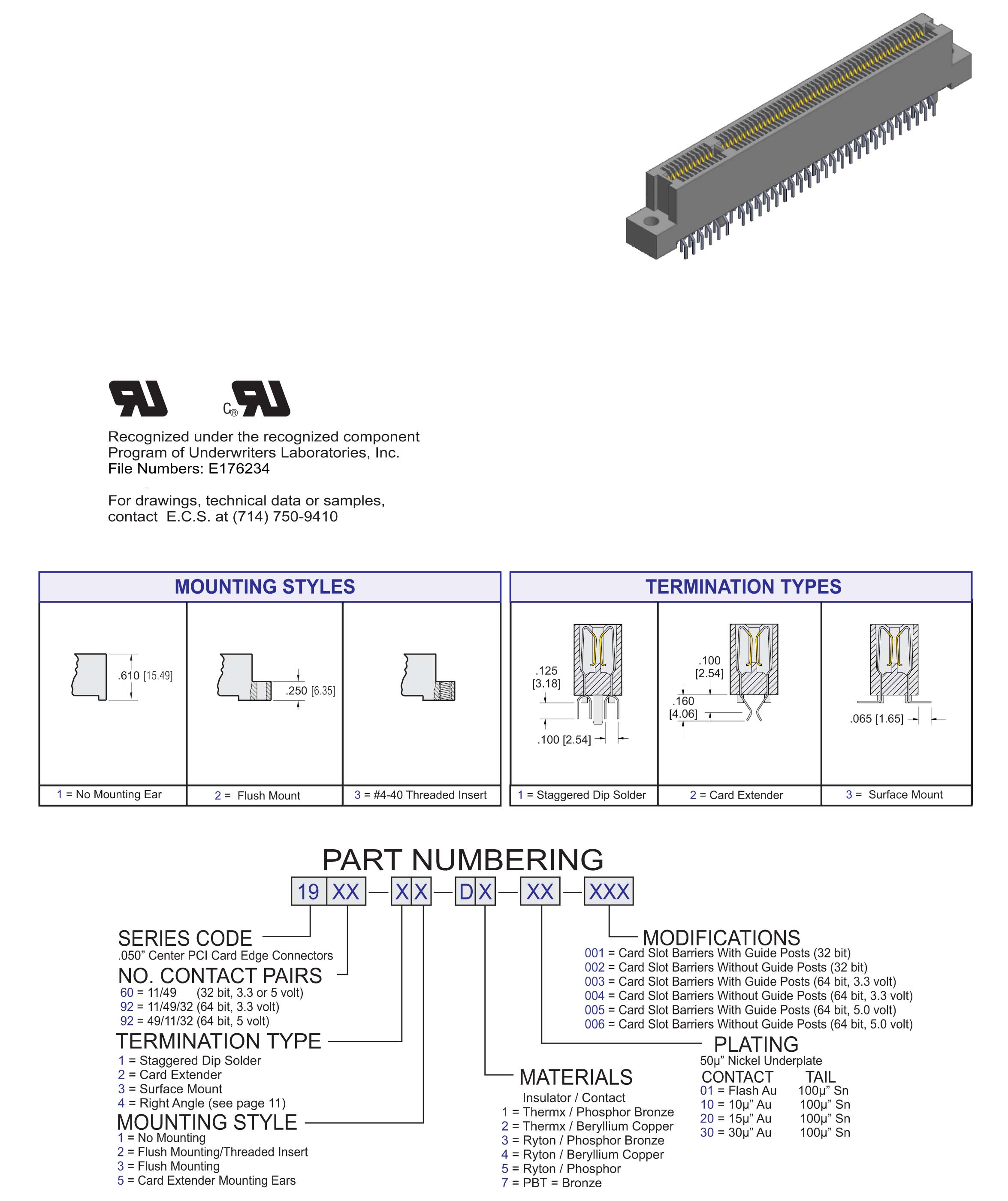 ECS 1900 Series PCI Card Edge Connectors .050[1.27] Contact Centers, Right Angle Termination