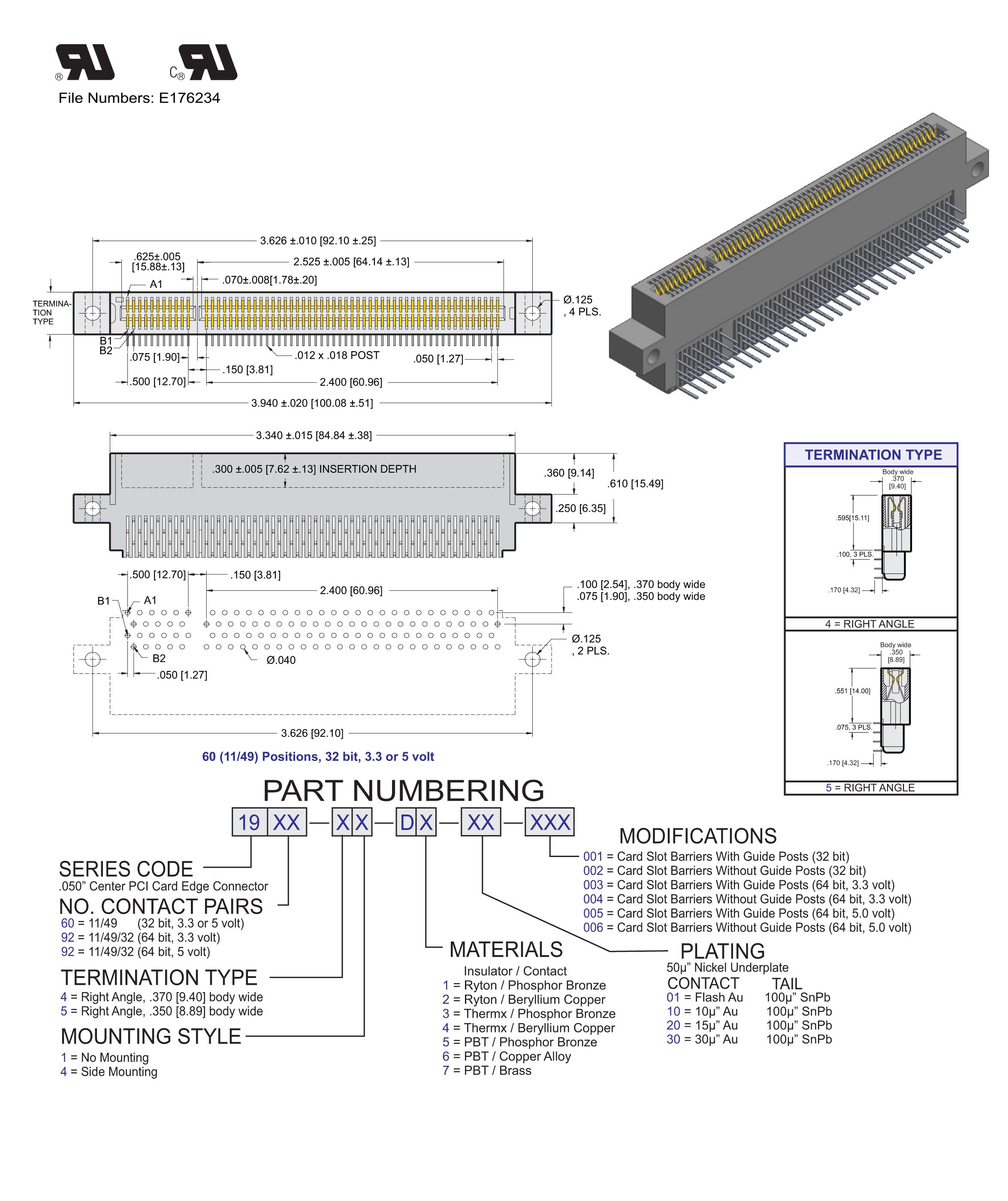 ECS 1800 Series Card Edge Connectors .050[1.27] Contact Centers, Right Angle Termination