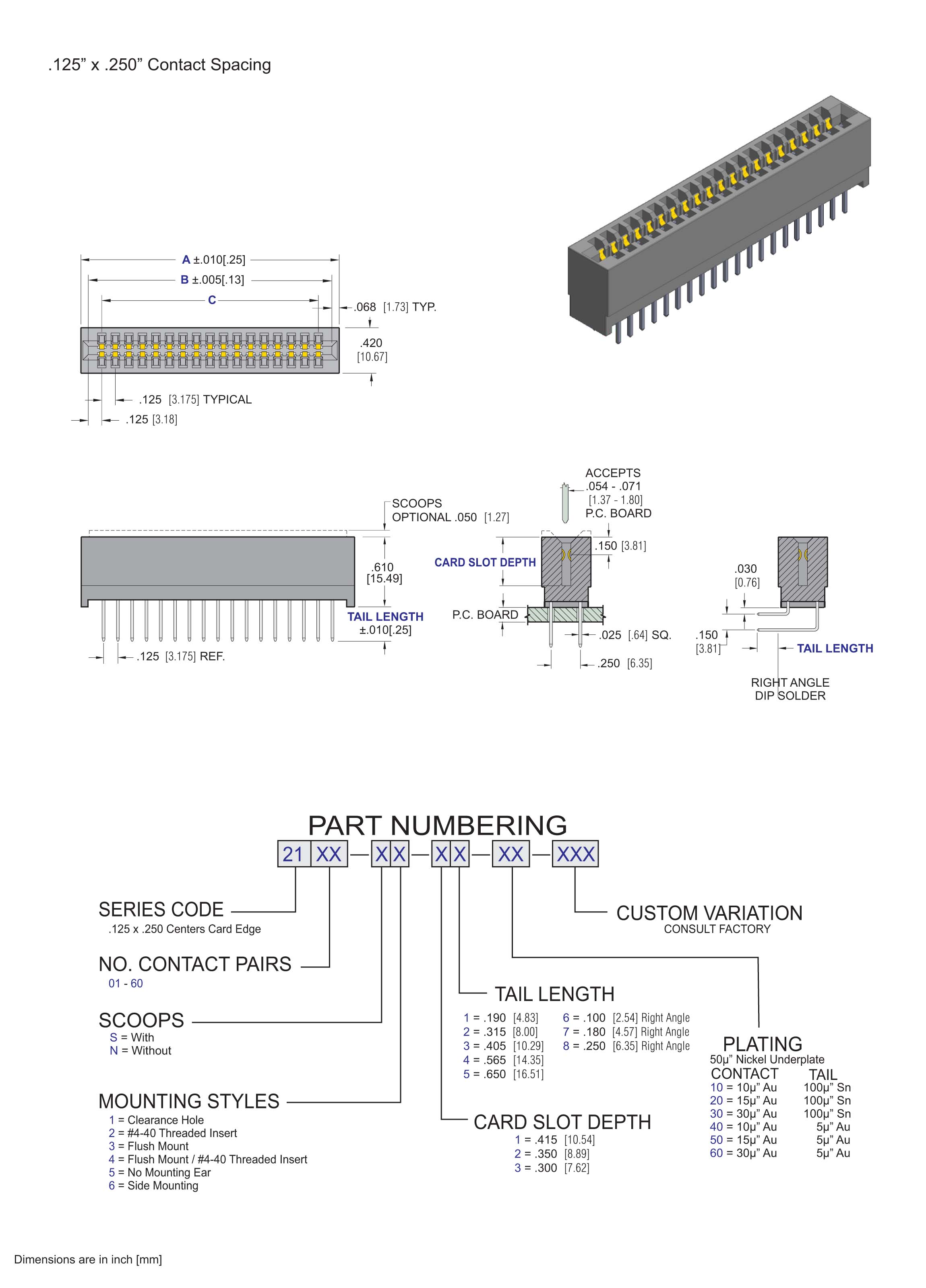 ECS 2100 Series Card Edge Connector .125" x .250" Contact Spacing