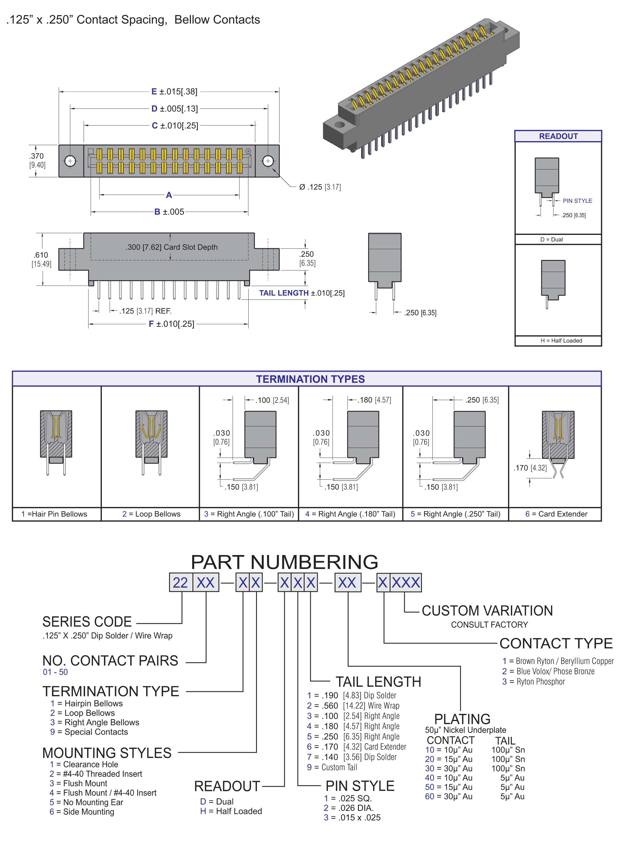 ECS 2200 Series Card Edge Connector .125" x .250" Contact Spacing, Bellow Contacts