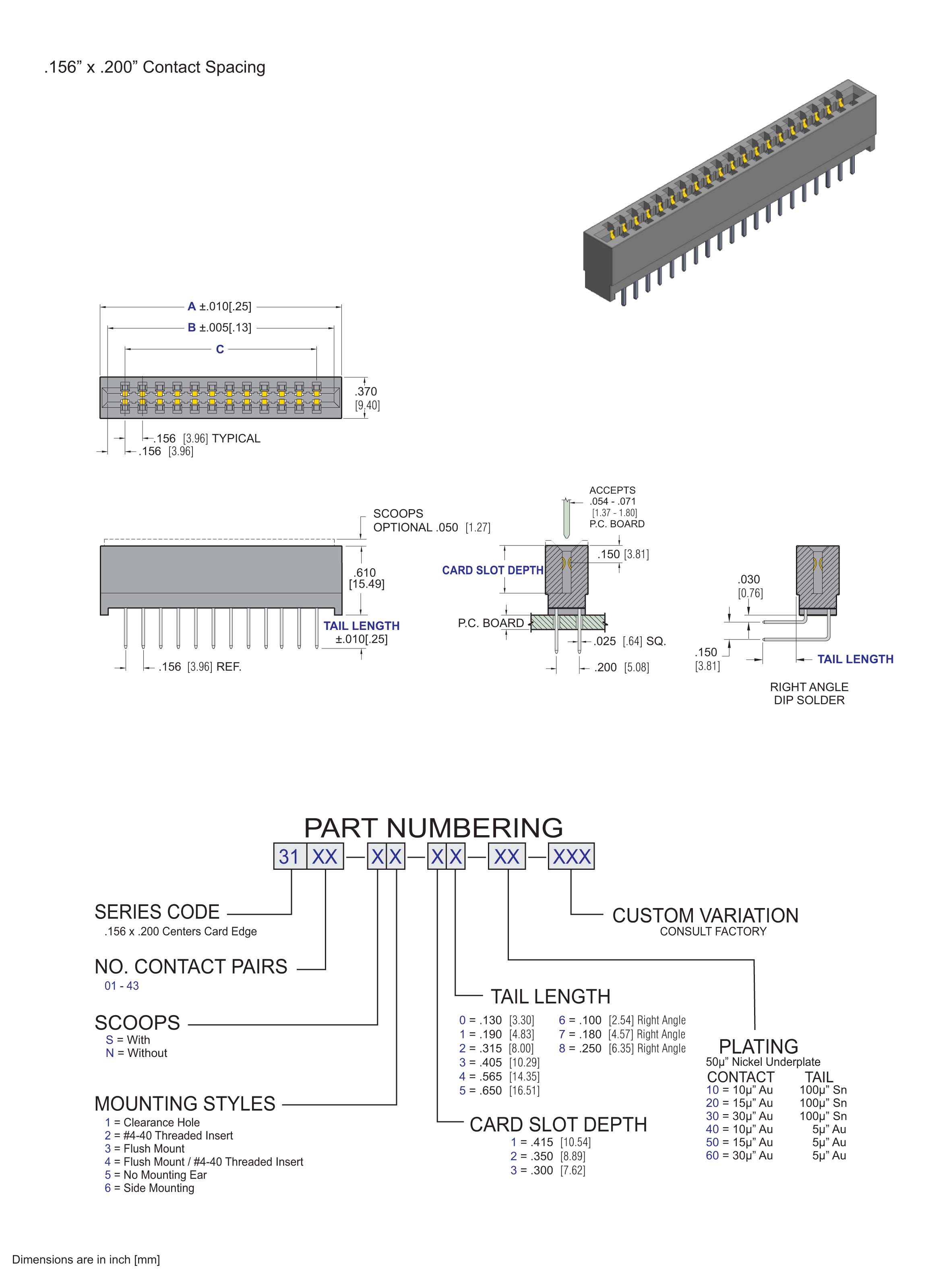 ECS 3100 Series Card Edge Connectors .156" x .200" Contact Spacing, Press Fit