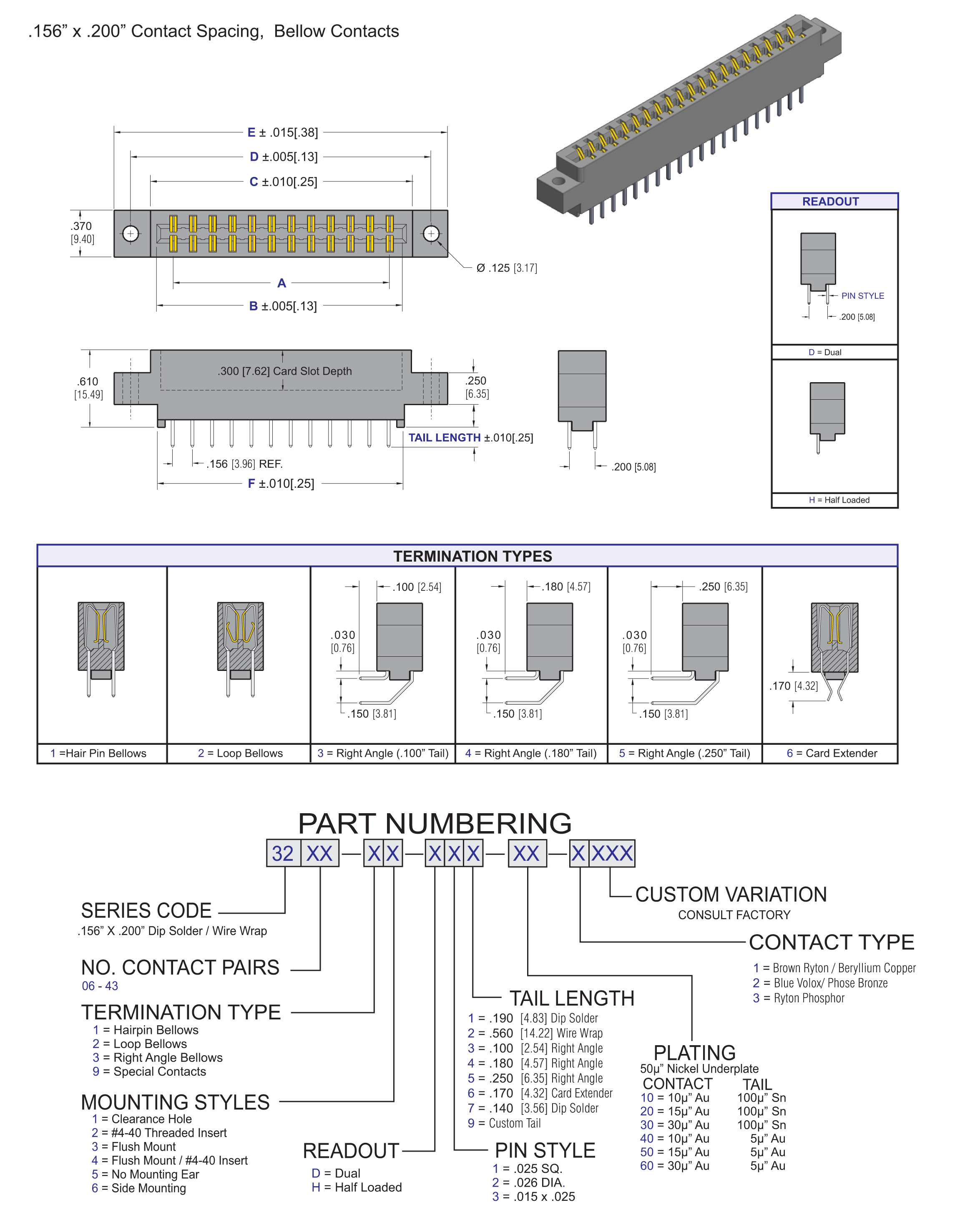 ECS 3200 Series Card Edge Connector .156" X .200" Contact Spacing, Bellow Contacts