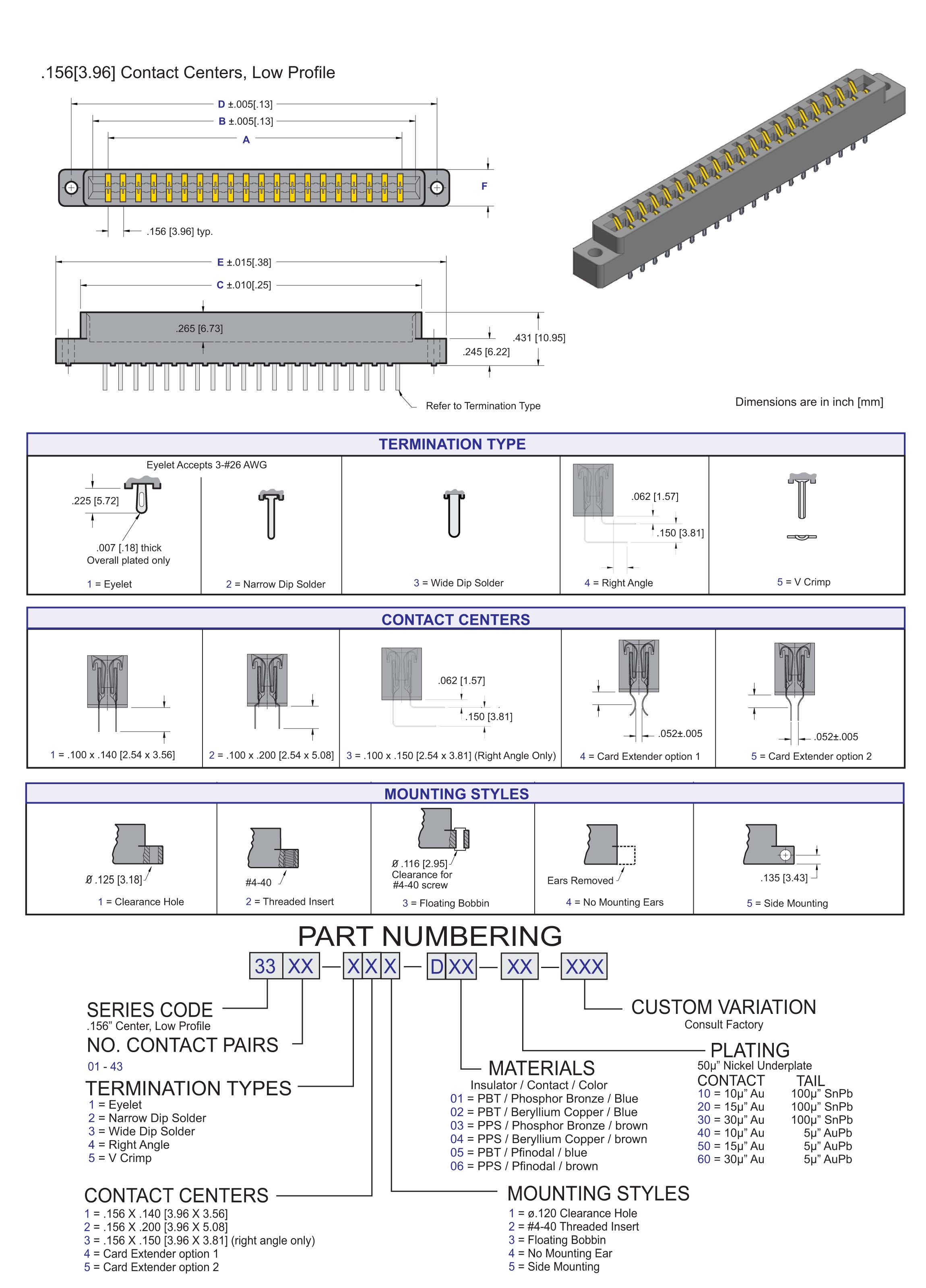 ECS 3300 Series Low Profile Card Edge Connector .156"[3.96] Contact Centers