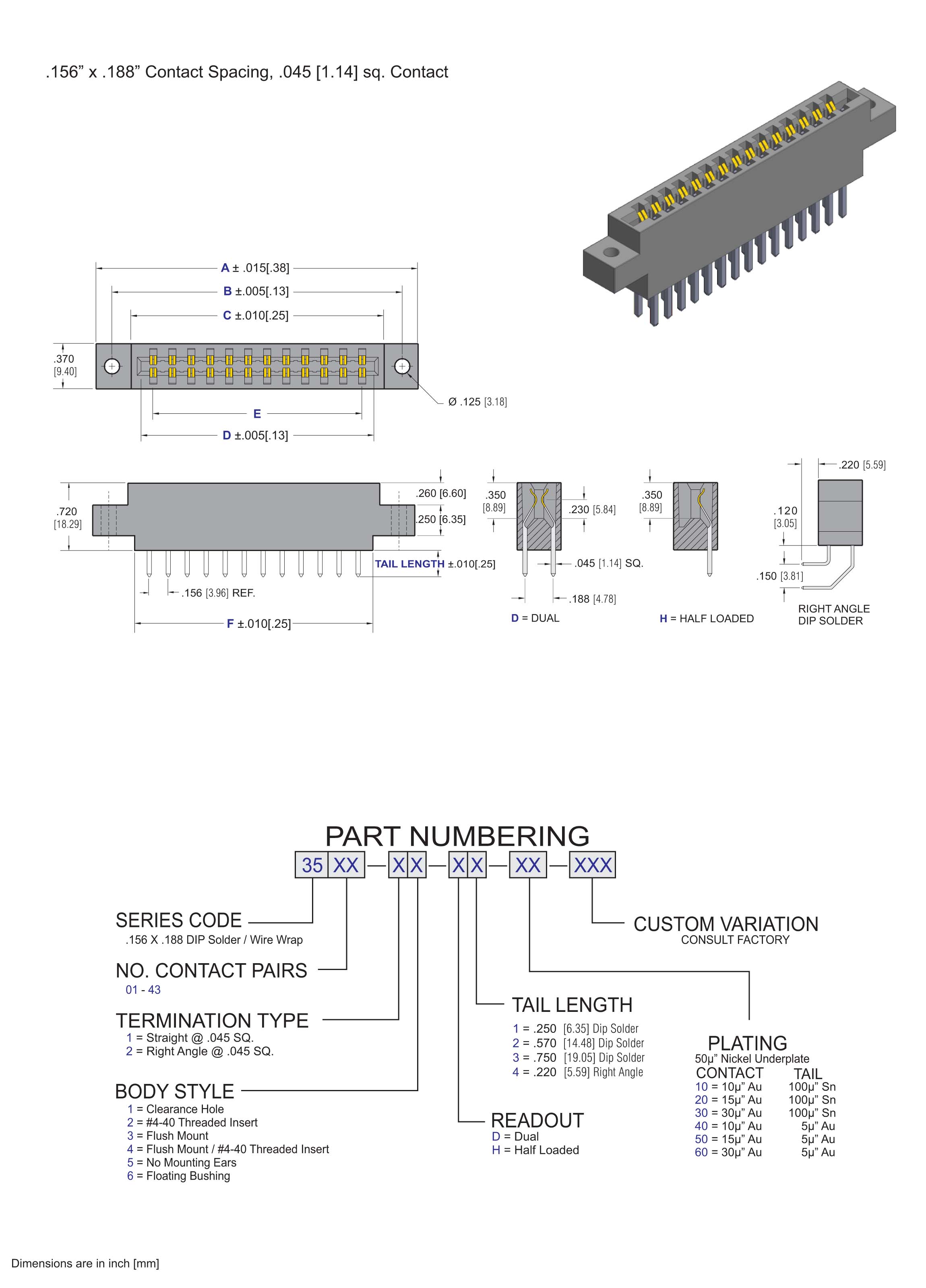 ECS 3500 Series Card Edge Connector .156" X .188" Contact Spacing