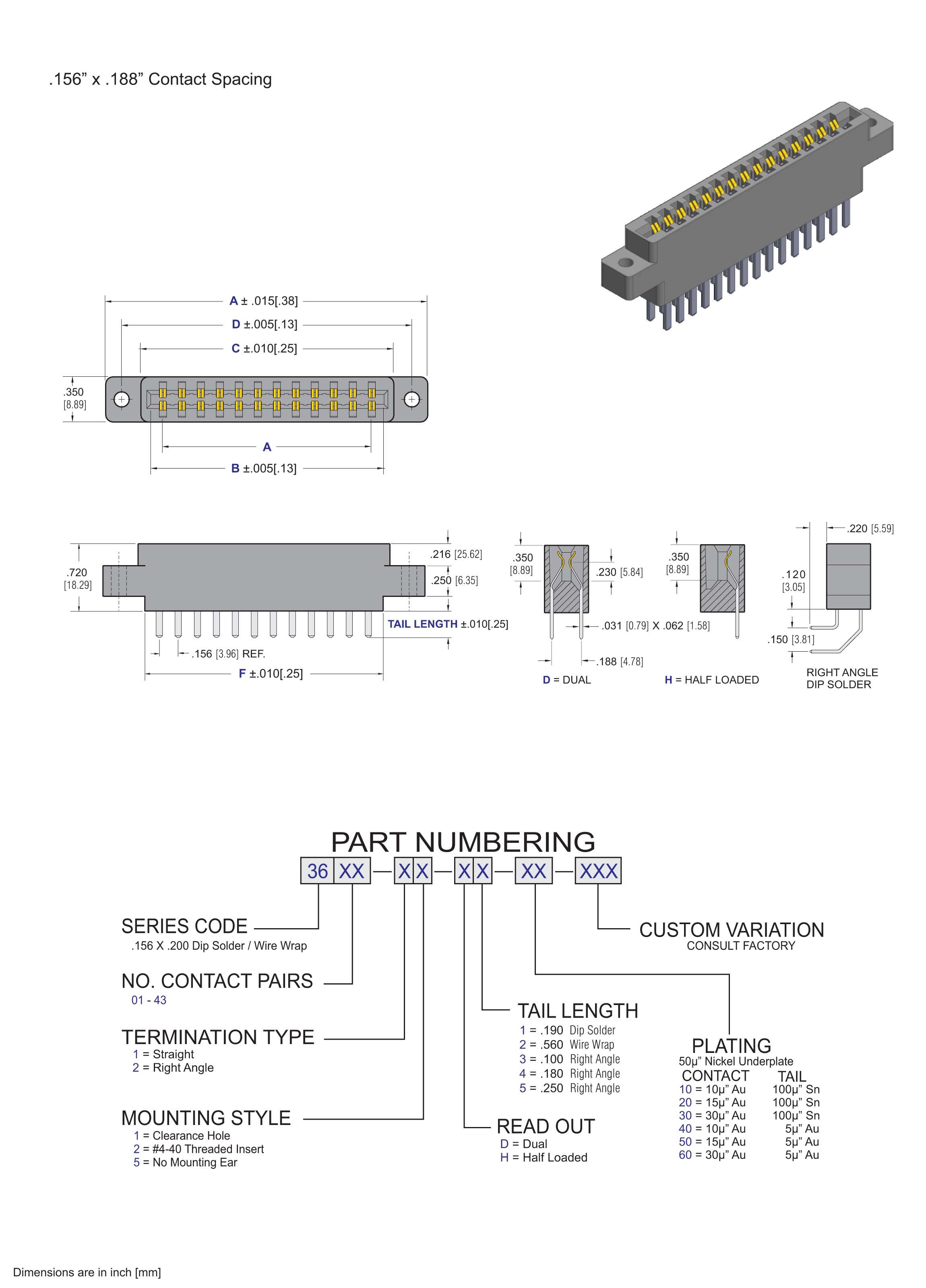 ECS 3600 Series Card Edge Connector .156" X .188" Contact Spacing