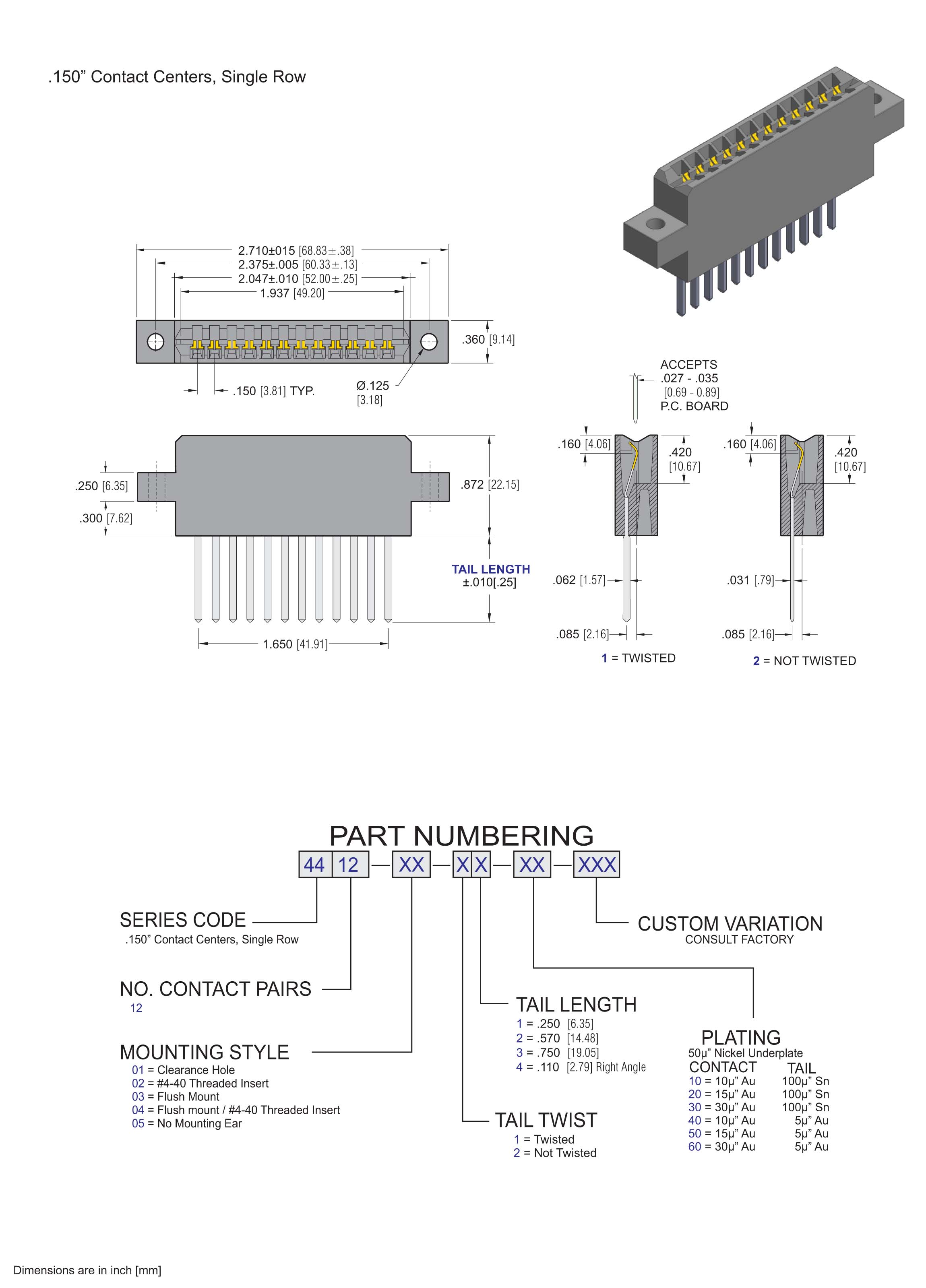ECS 4400 Series Card Edge Connector .150" Contact Center, .031" x .062" Pin, Single Row