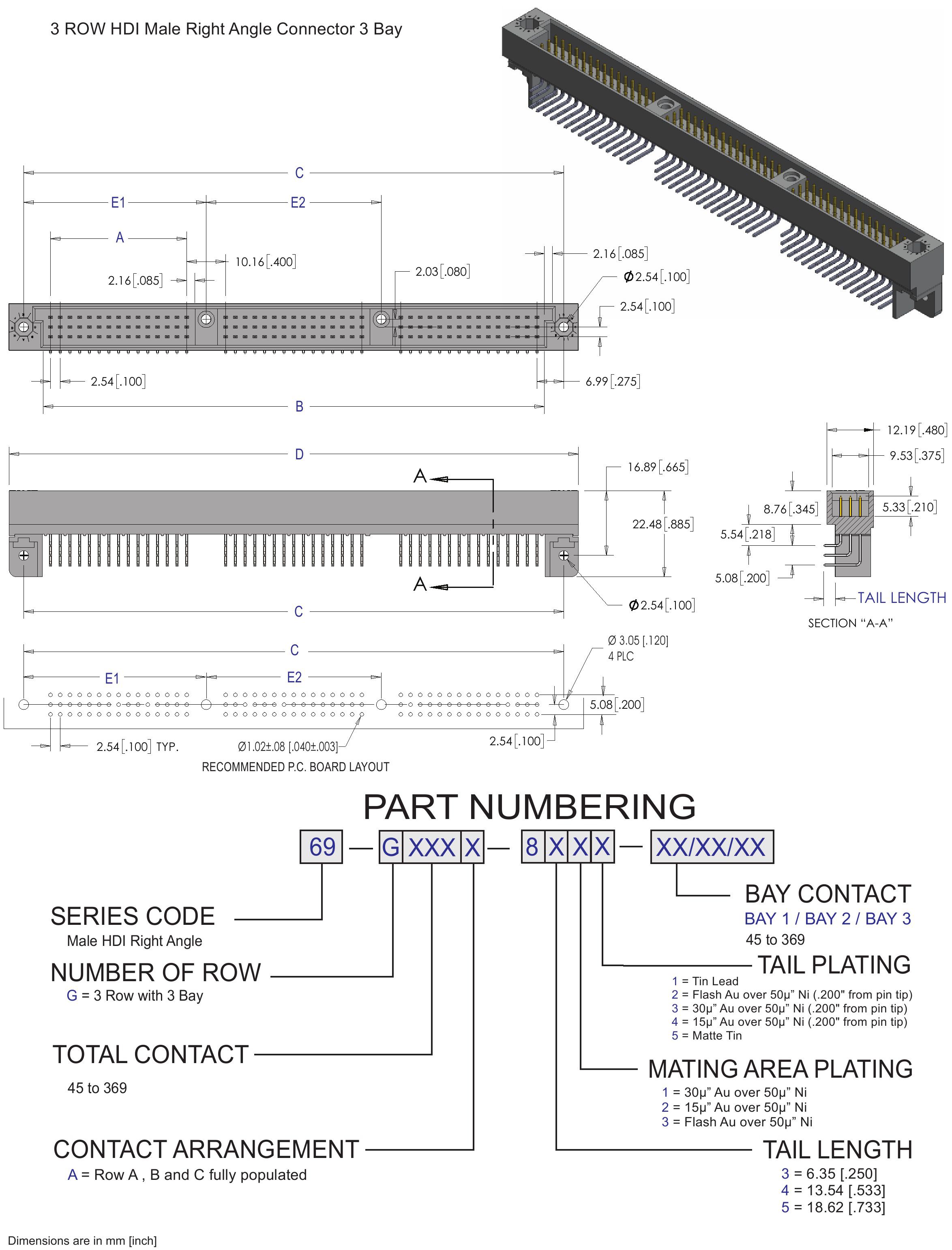 ECS 3 Row HDI Male Right Angle 3 Bay Connector