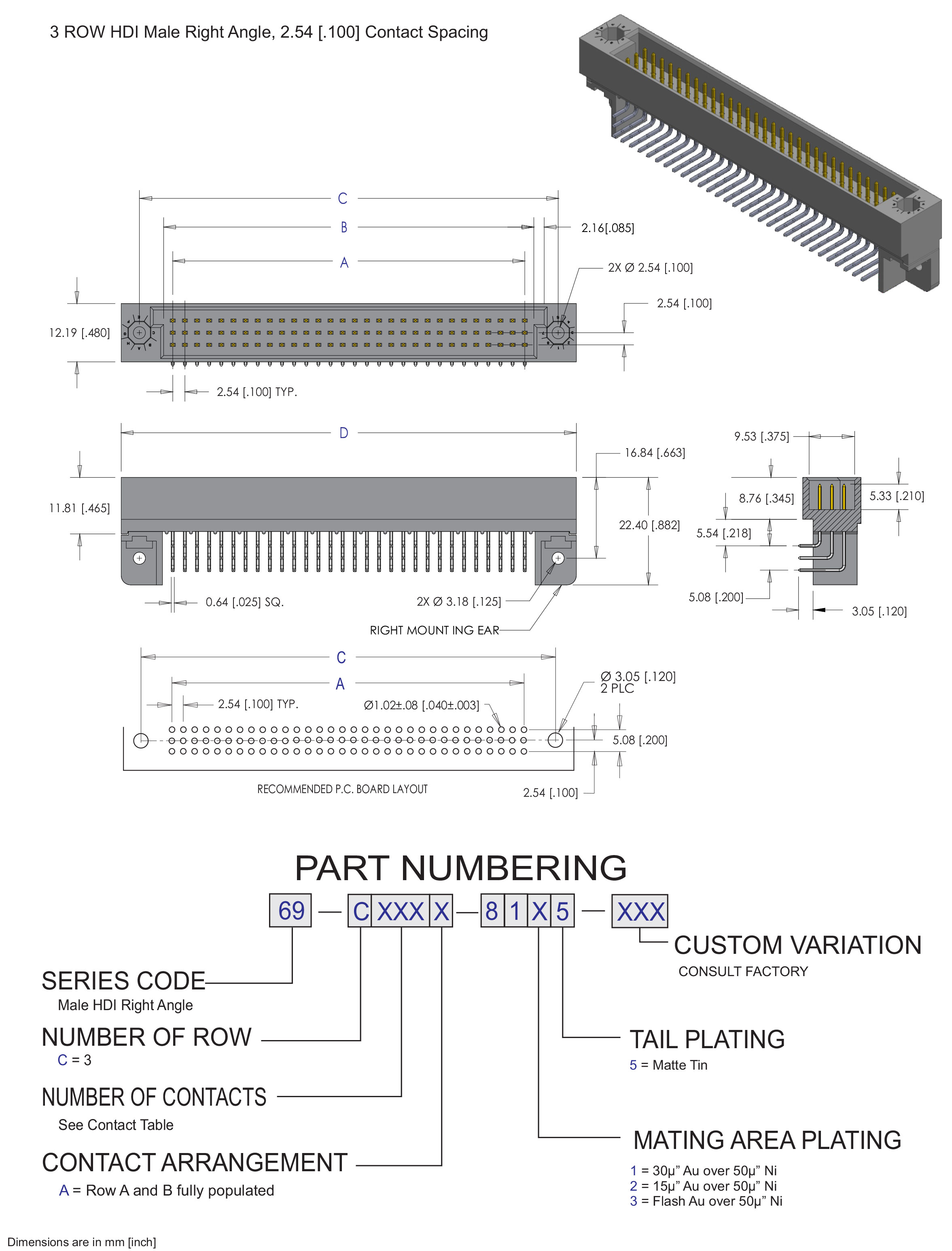 ECS 3 Row HDI Male Right Angle Connector